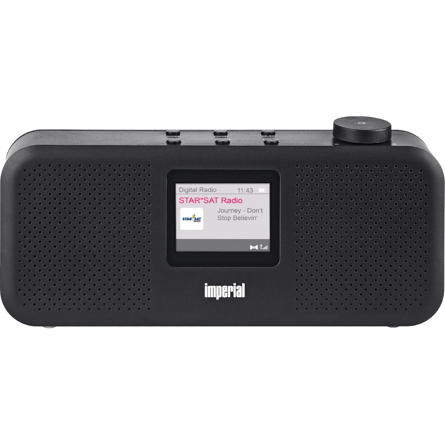 Czarny radio z ekranem. U góry przyciski i pokrętło głośności. Logo Imperial na dole.