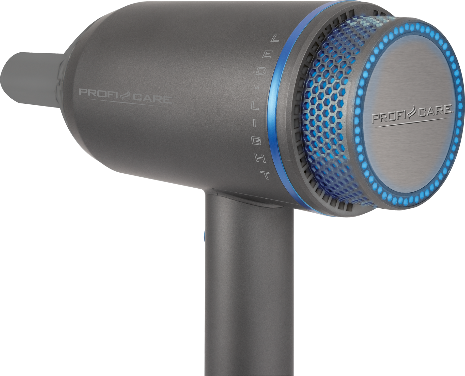 Szara suszarka do włosów z niebieskimi światłami LED i napisem "PROFI CARE". Ciemne tło.