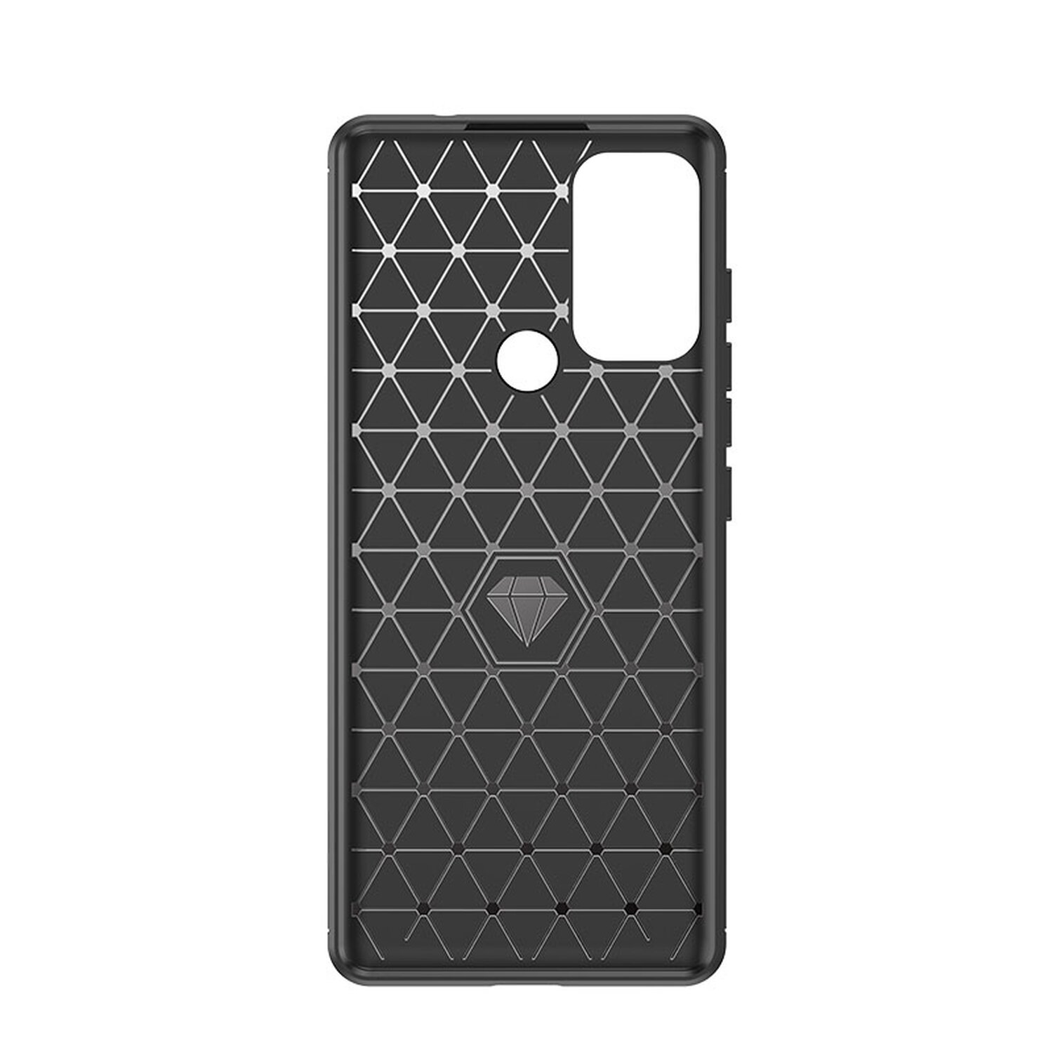 Schwarze Handyhülle mit geometrischem Muster und Kameraaussparung.