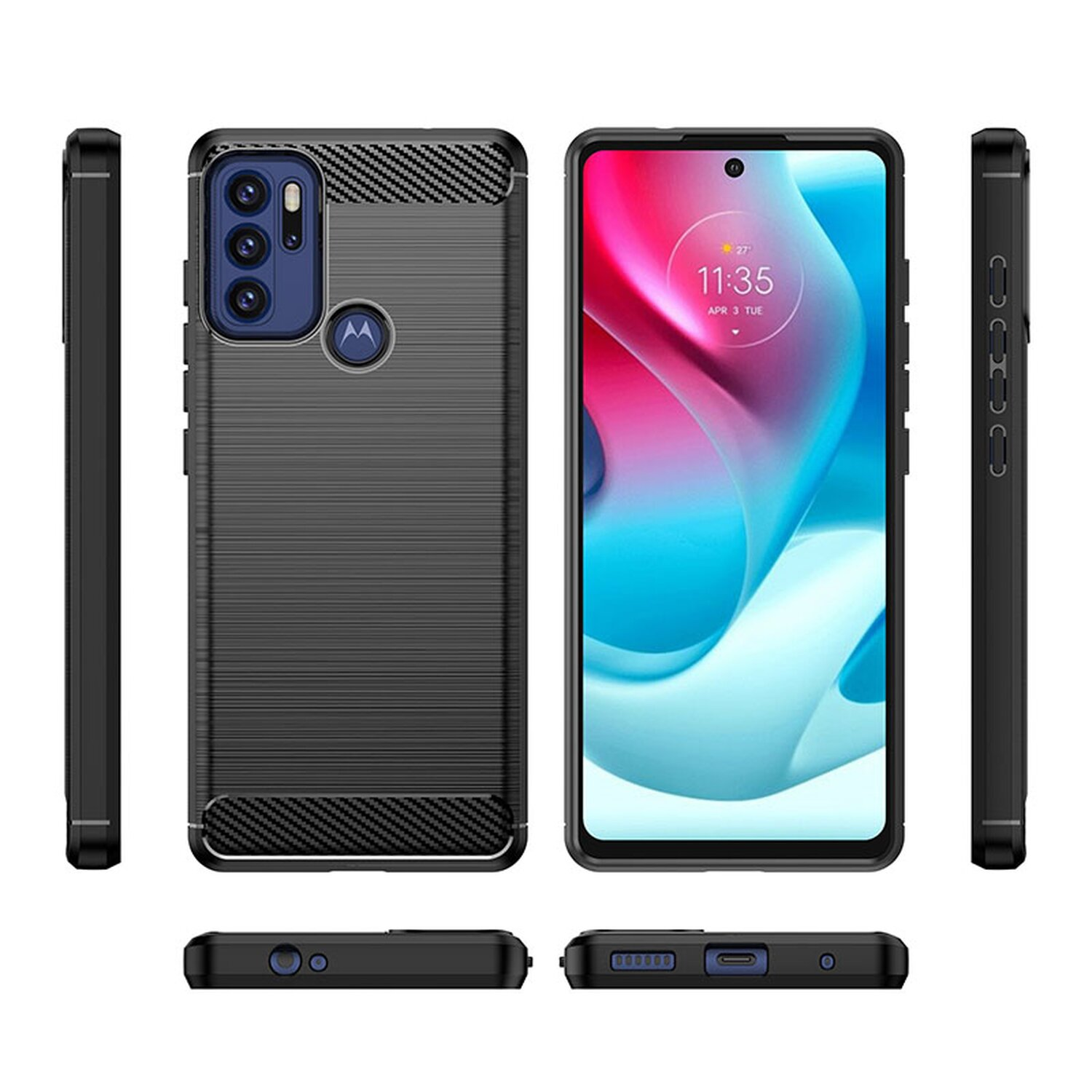 Eine Handyhülle mit einem angebrachten Telefon, das die Vorderseite, Rückseite, Seiten und Oberseite zeigt. Die Hülle ist schwarz.
