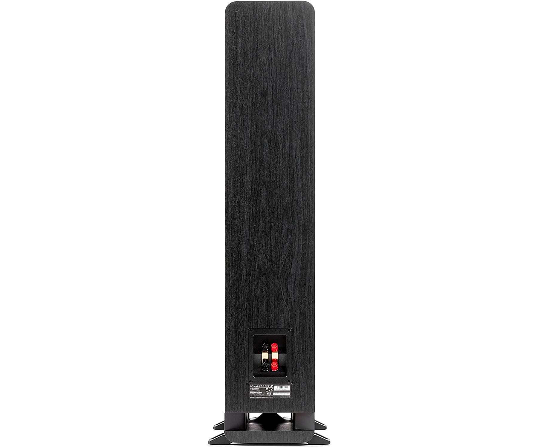 Un altavoz negro alto sobre una superficie blanca, con terminales rojos y negros visibles.