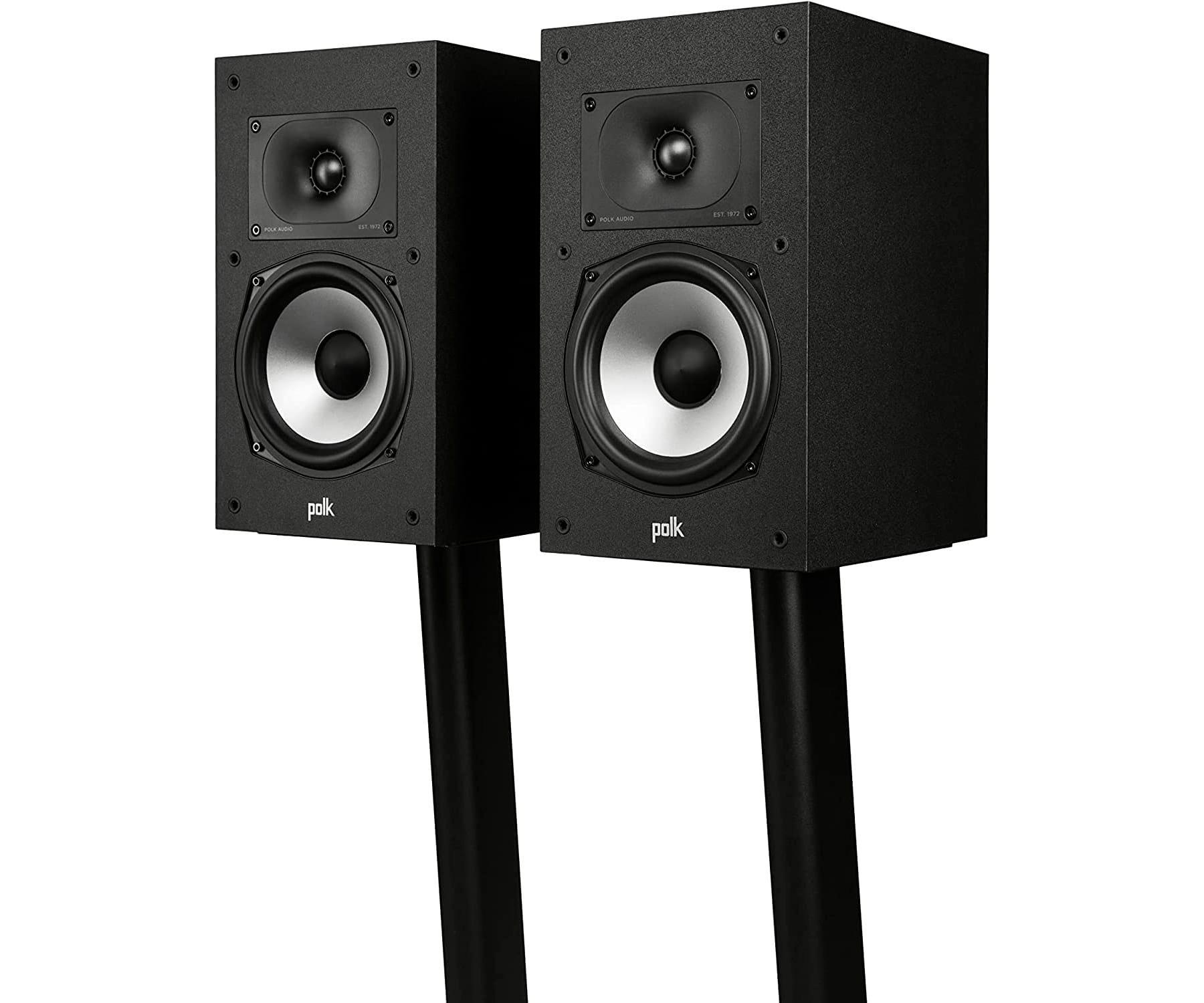 Dos altavoces Polk negros sobre soportes. Cada uno tiene un tweeter y un woofer.