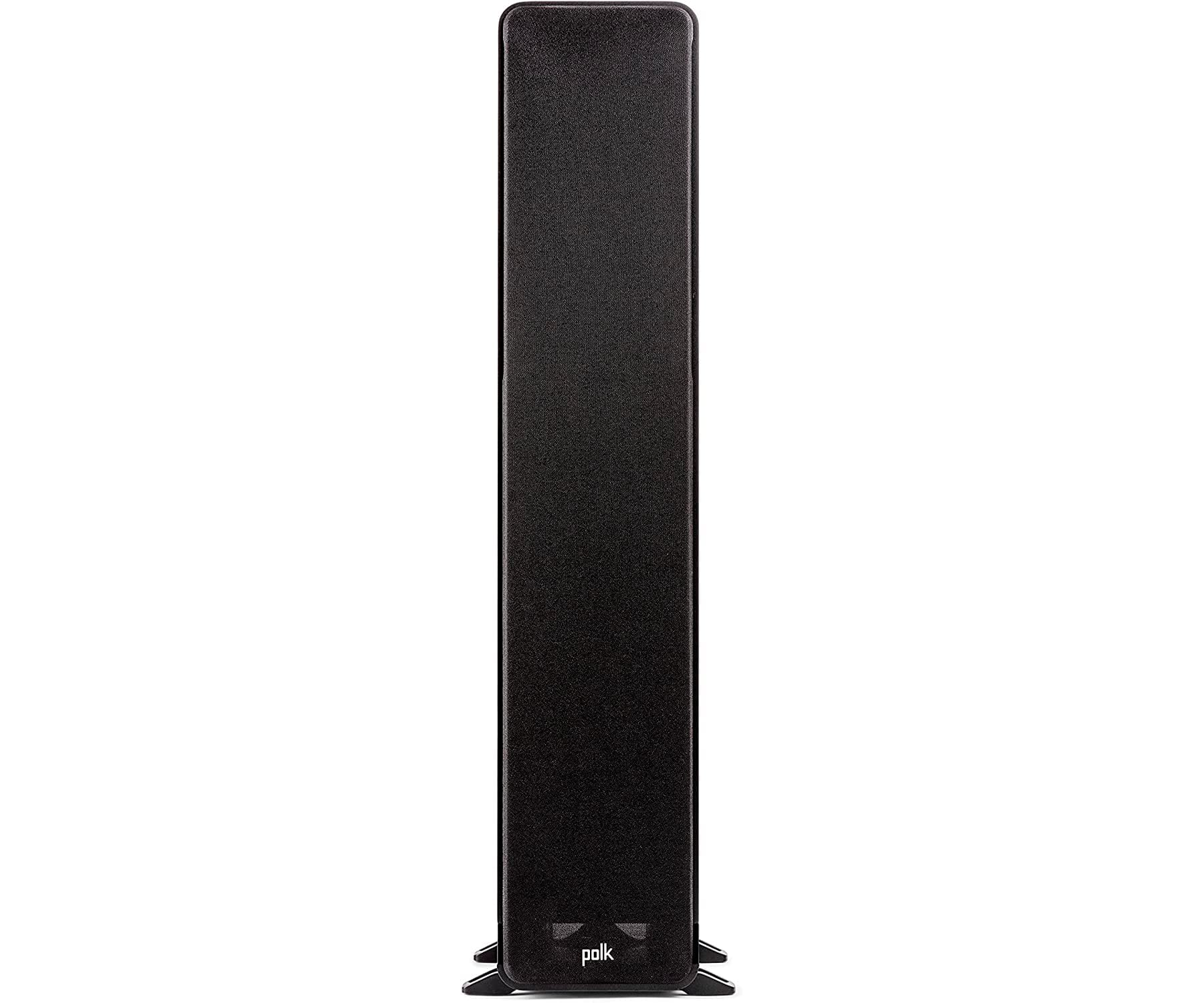Un altavoz negro y alto. El altavoz está de pie y tiene la marca Polk en la parte inferior.