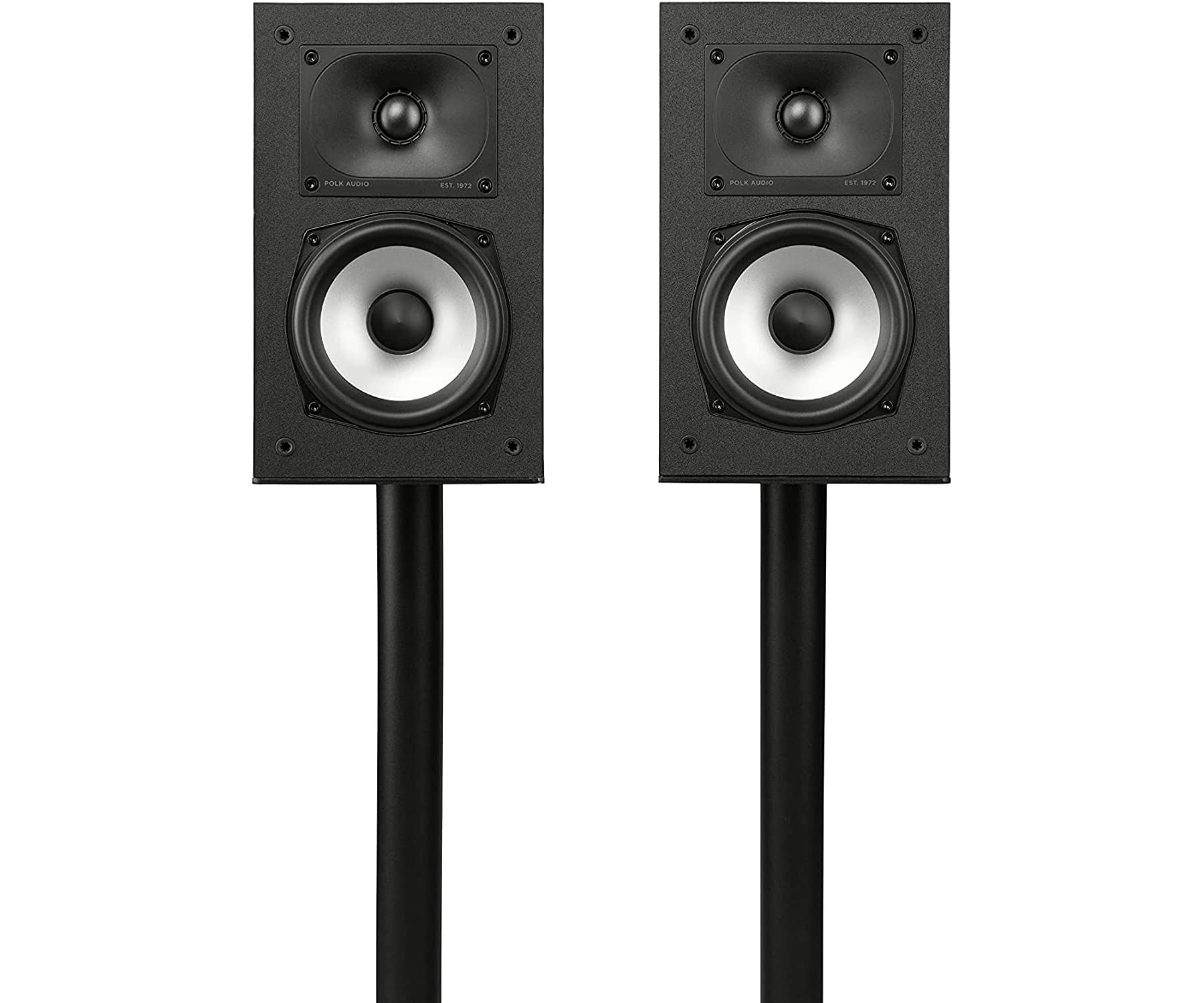 Dos altavoces negros sobre soportes, con conos blancos, sobre fondo blanco.