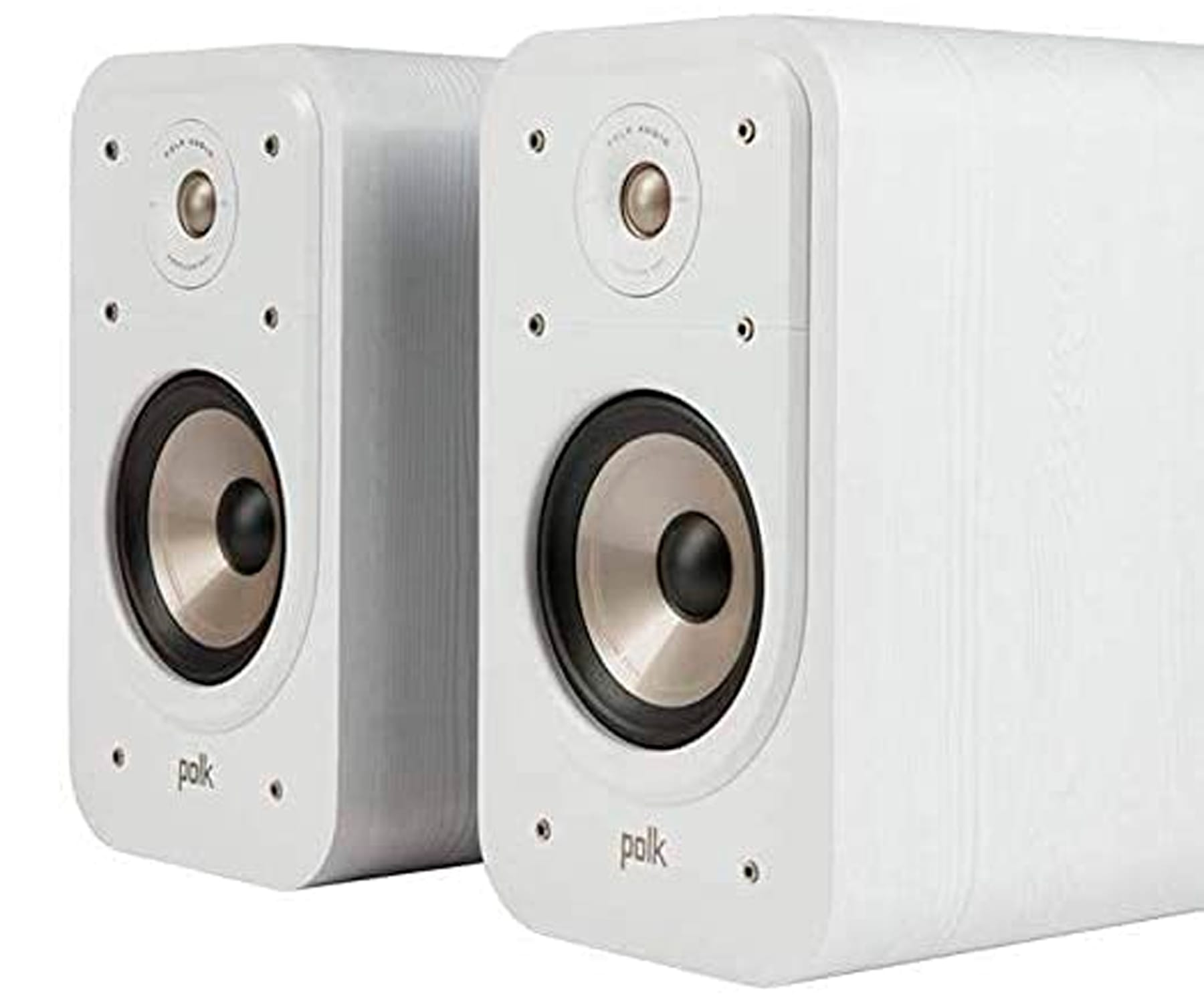 Dos altavoces blancos con conos de altavoz negros. El fondo es blanco. La marca es visible.