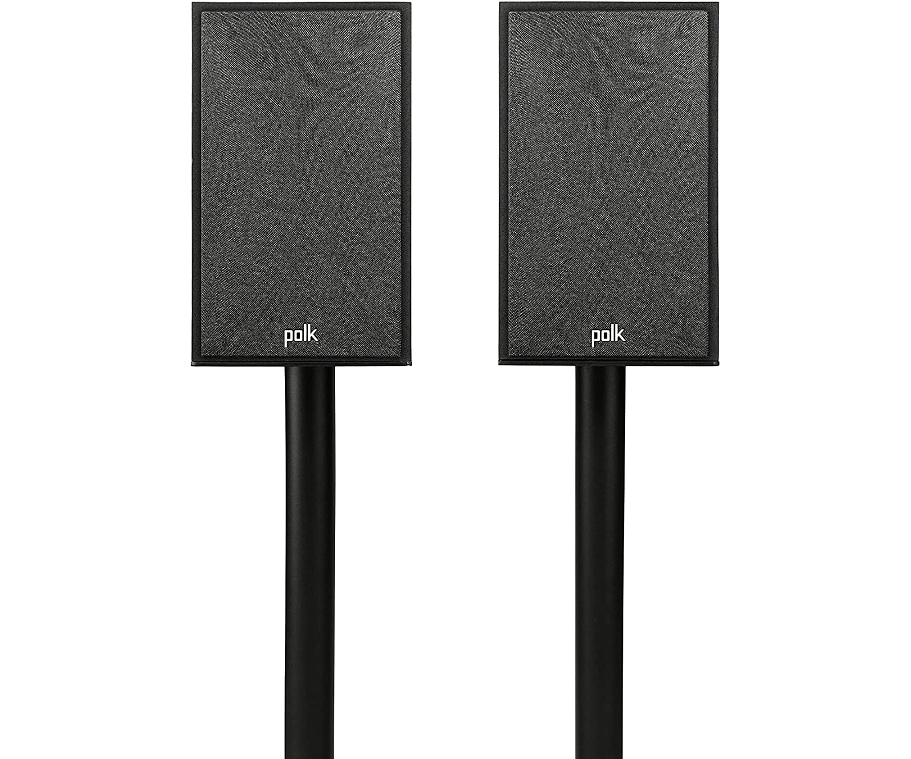 Dos altavoces negros en soportes. Tienen una parte frontal de tela gris y la marca "polk".