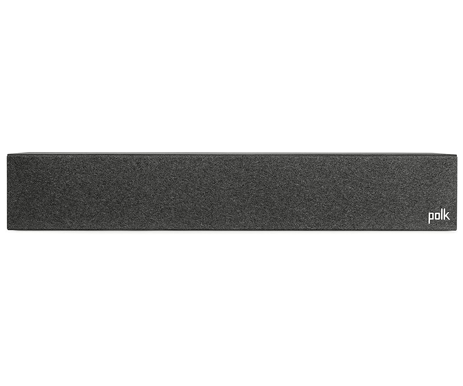 Una barra de sonido negra con una parte frontal de tela gris, sobre una superficie blanca.