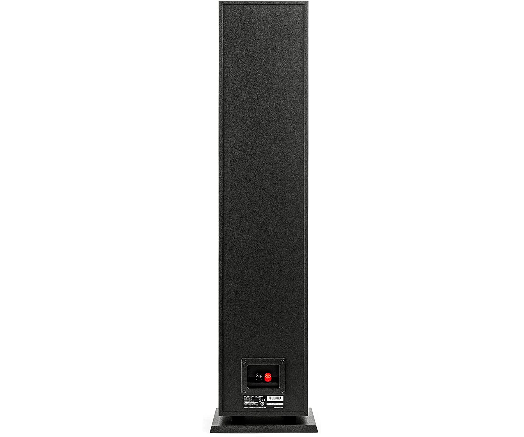Un altavoz alto y negro sobre una base negra pequeña, vista trasera.