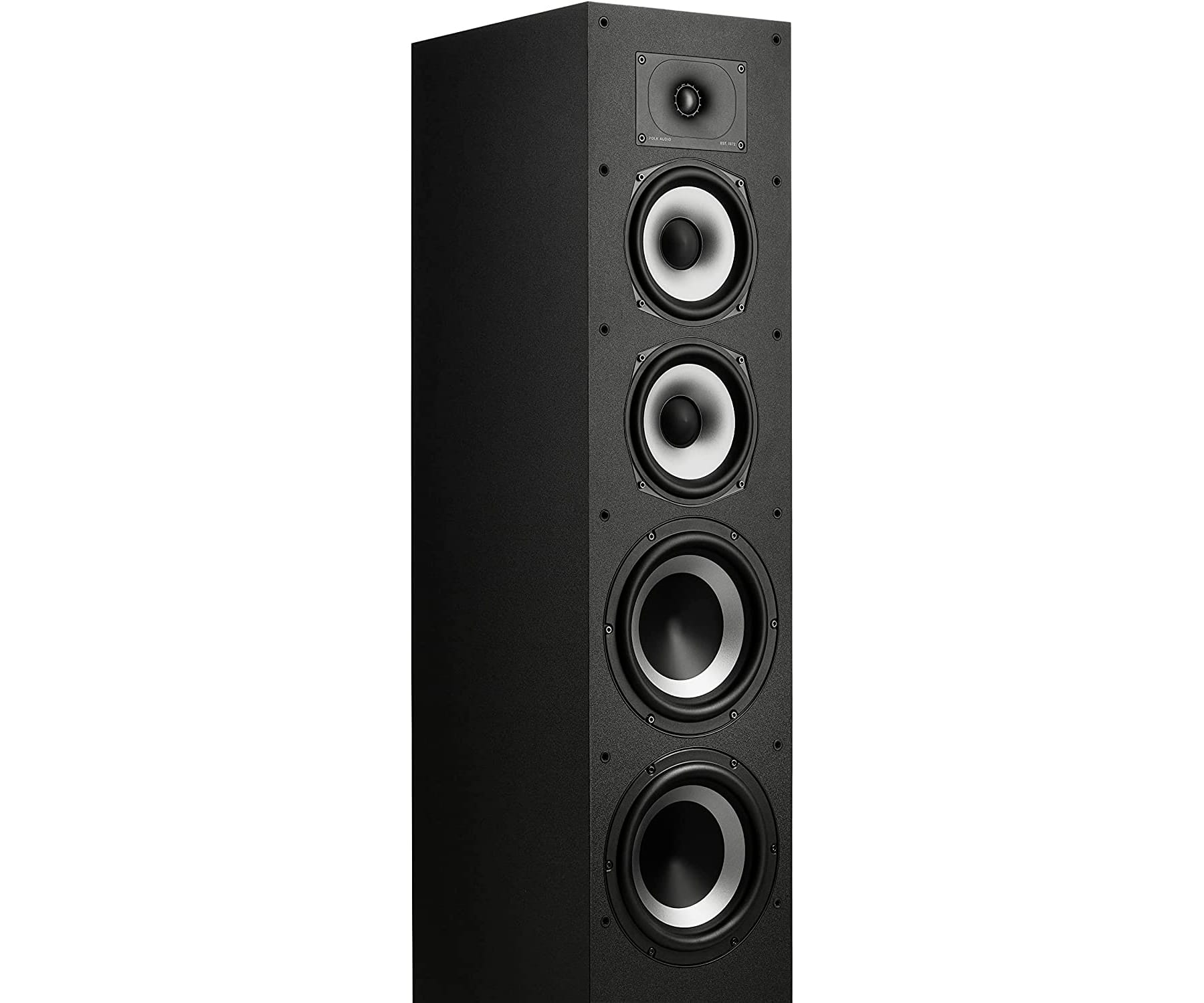 Altavoz negro alto con cuatro conos de altavoz blancos. El altavoz está sobre un fondo blanco.