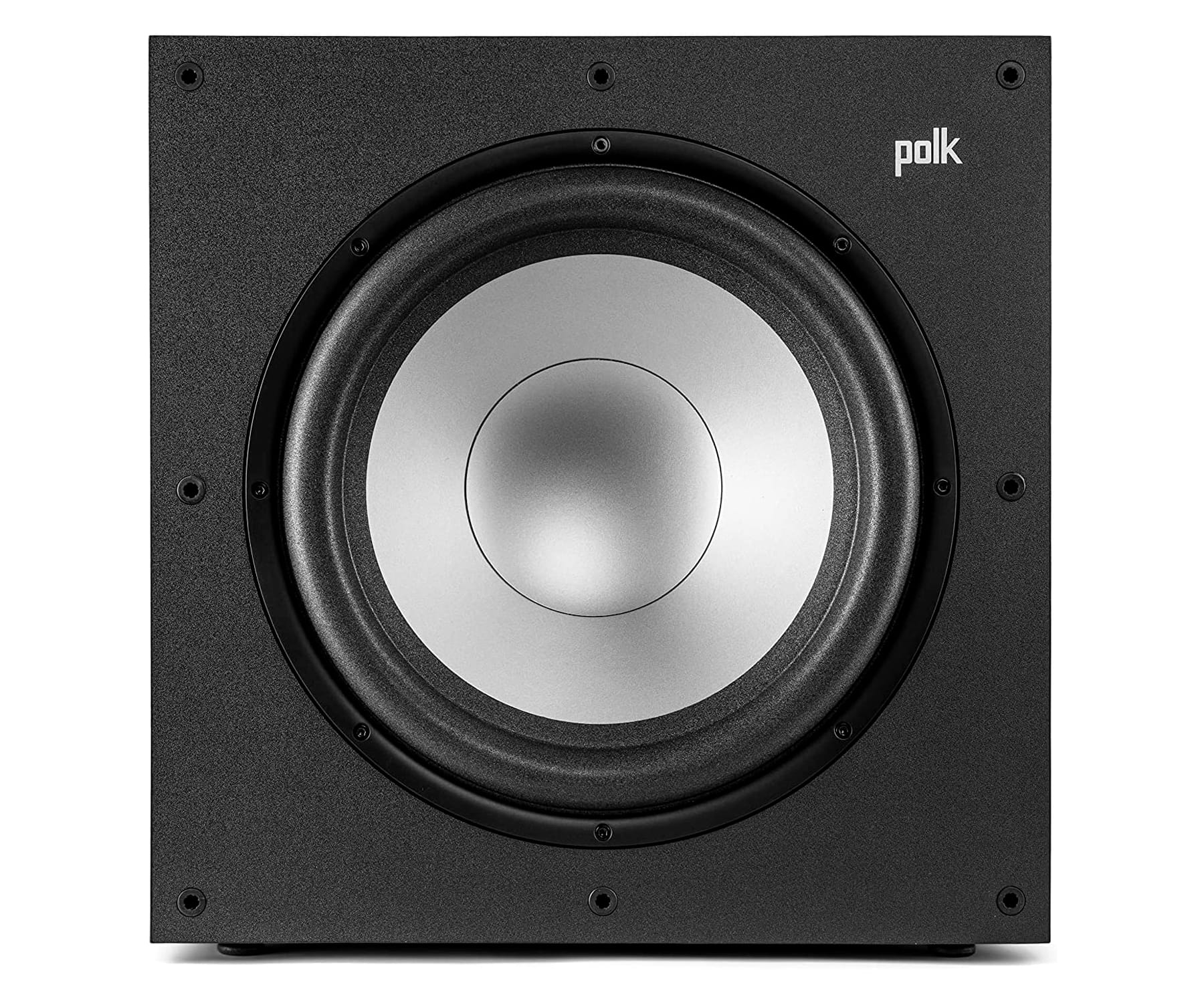 Schwarzer Polk-Subwoofer. Grauer Lautsprecher. Schwarzer Hintergrund. Polk-Logo.