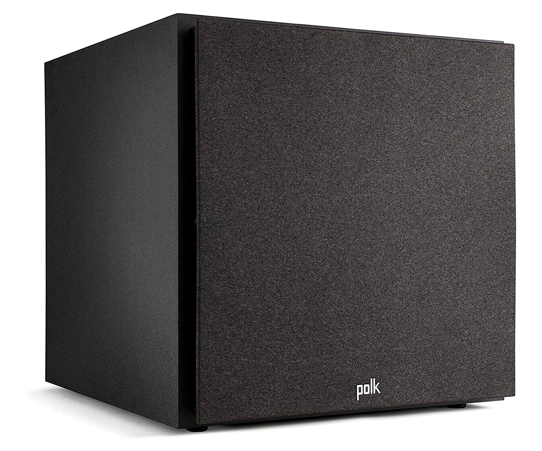 Schwarzer Subwoofer-Lautsprecher. Text: polk. Der Lautsprecher steht auf einer weißen Oberfläche. Der Hintergrund ist weiß.