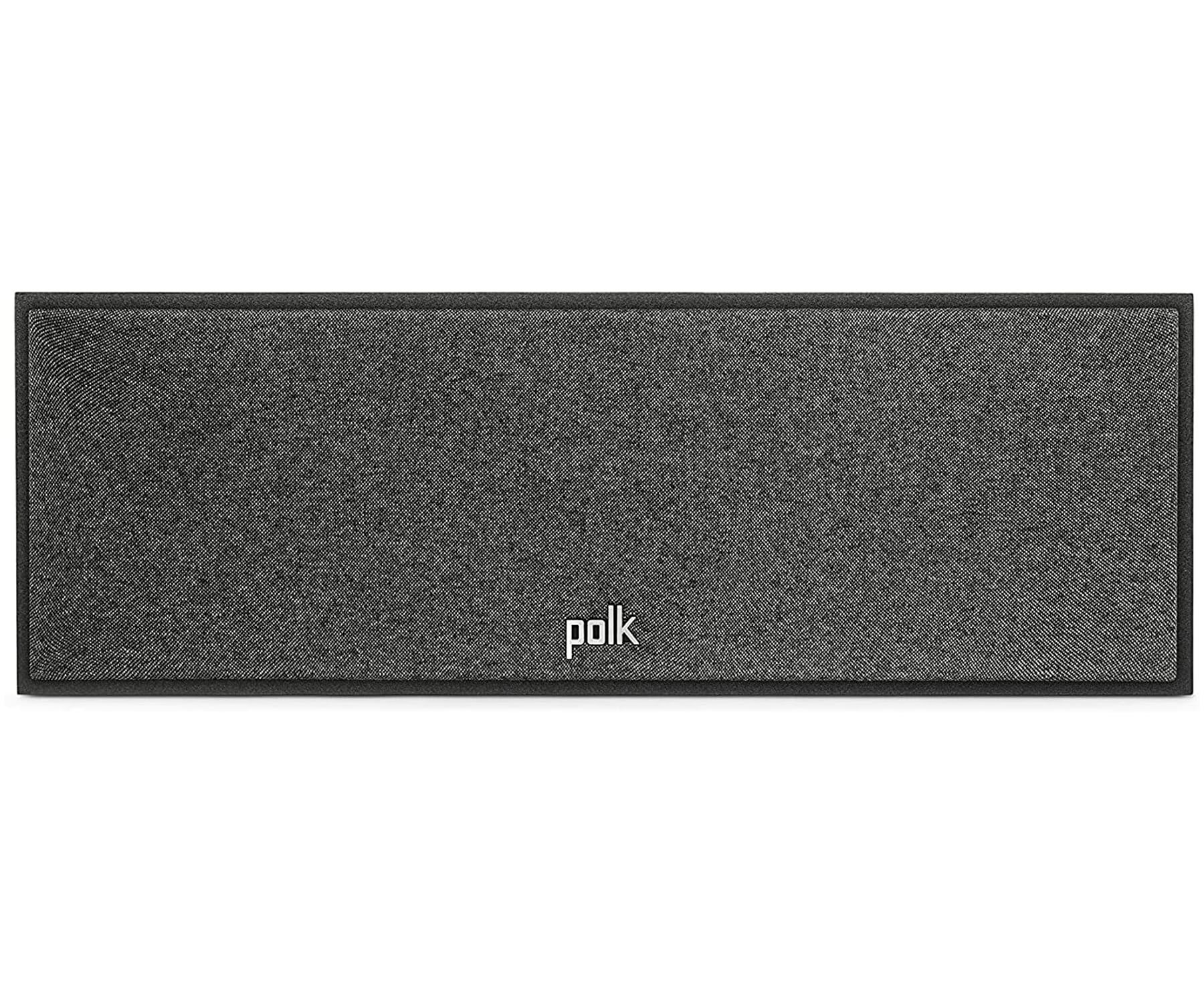 Eine lange, rechteckige Polk Soundbar mit einem grauen Stoffbezug.