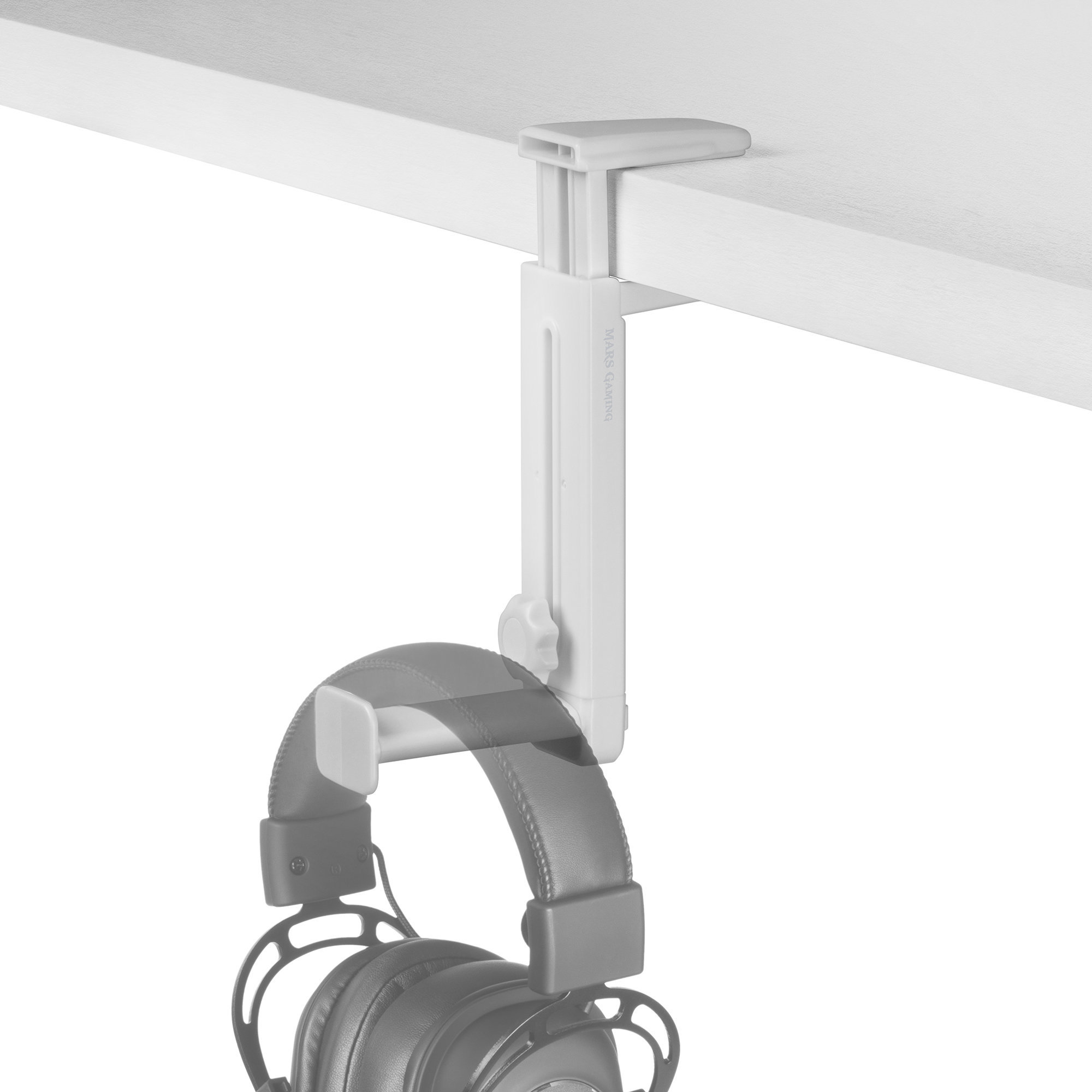 Soporte blanco para auriculares montado en el borde de un escritorio blanco, con silueta de auriculares.