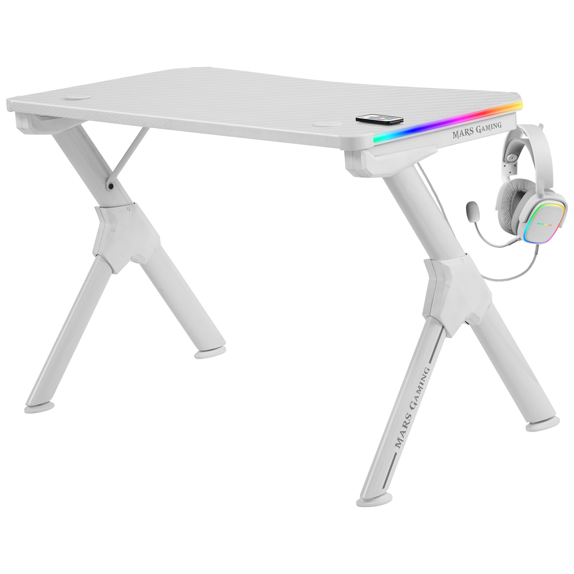 Escritorio de juego blanco con patas blancas. Un auricular cuelga a un lado y un teléfono está en la superficie.