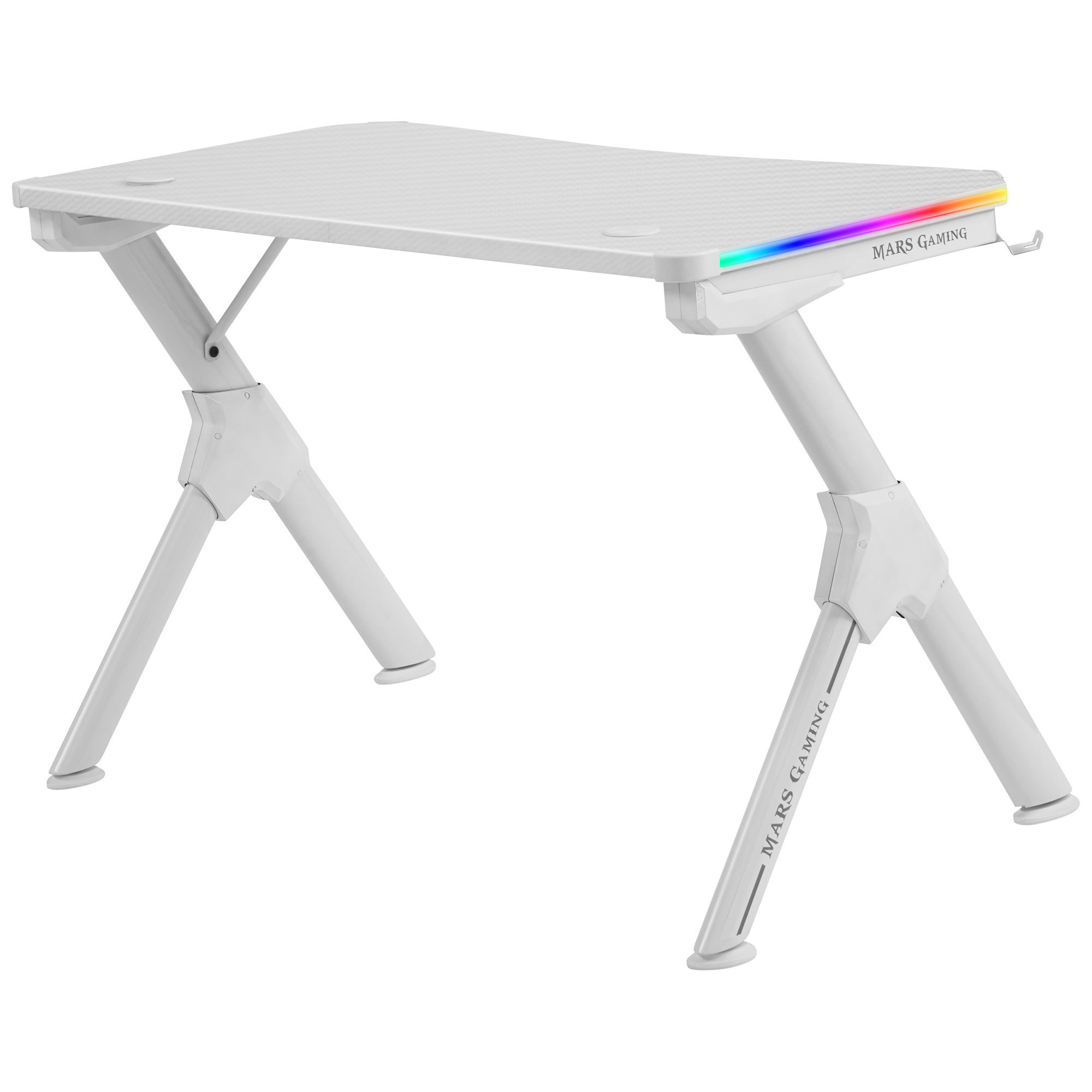 Un escritorio de juego blanco con una parte superior curva y luces LED. Tiene un diseño de patas único.