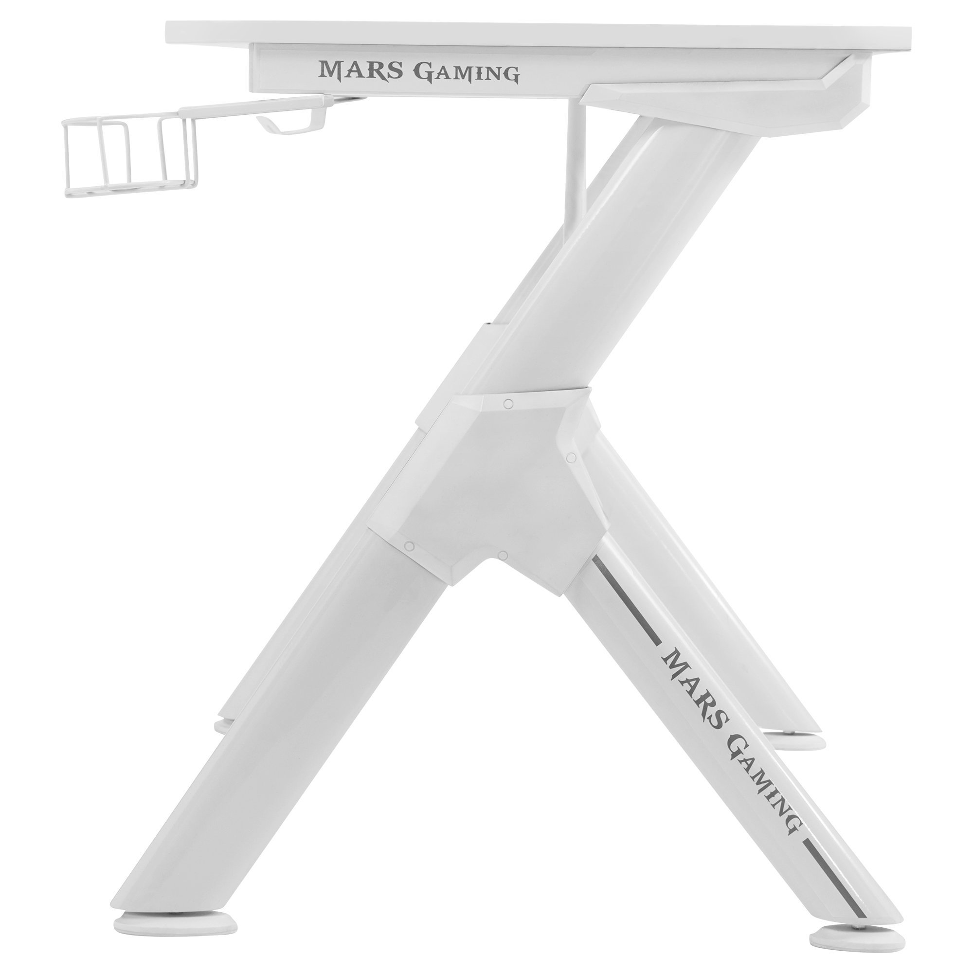 Escritorio Mars Gaming blanco con cesta de alambre y patas blancas. Diseño gaming.