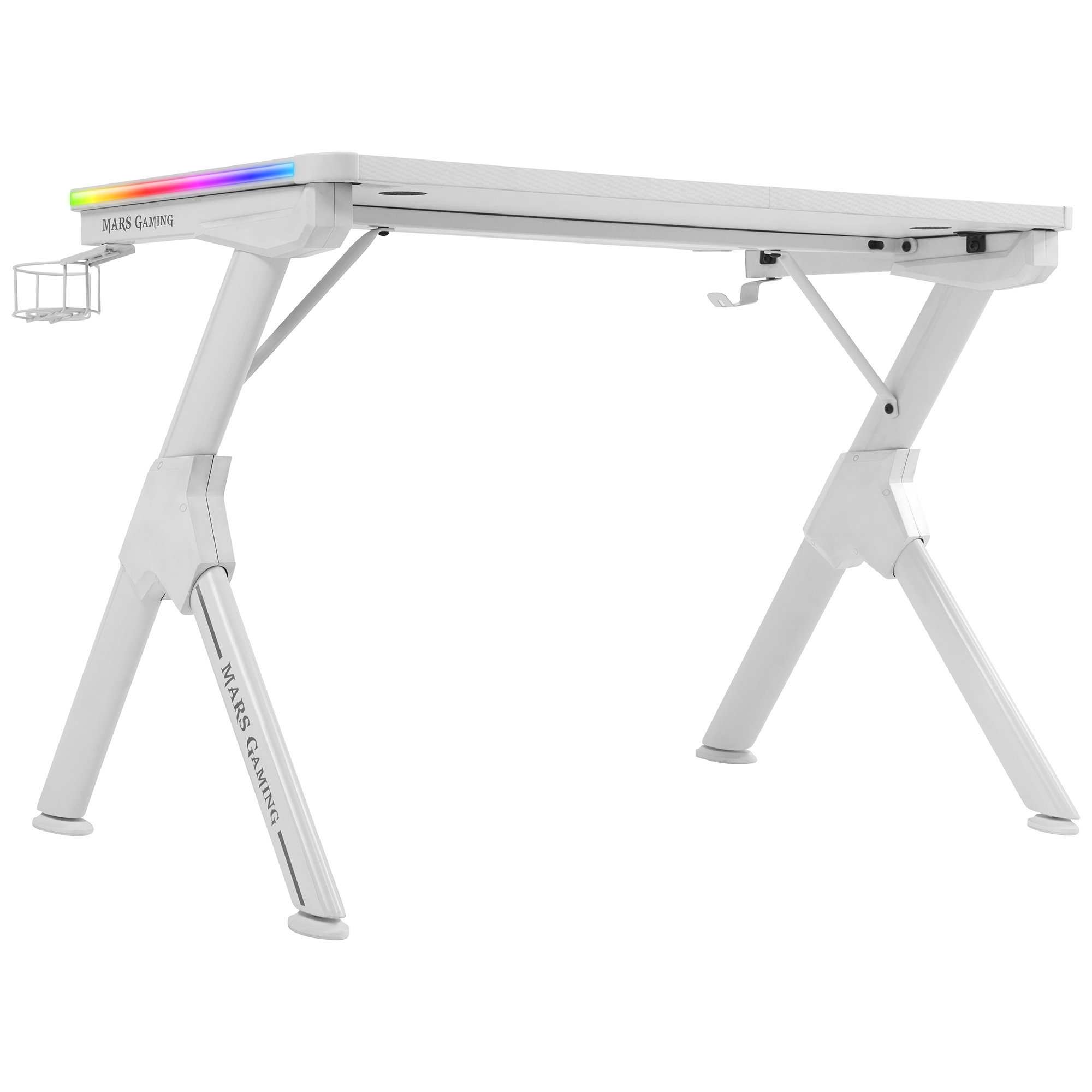 Escritorio de juegos blanco con una parte superior iluminada y una pequeña cesta en la pata izquierda.
