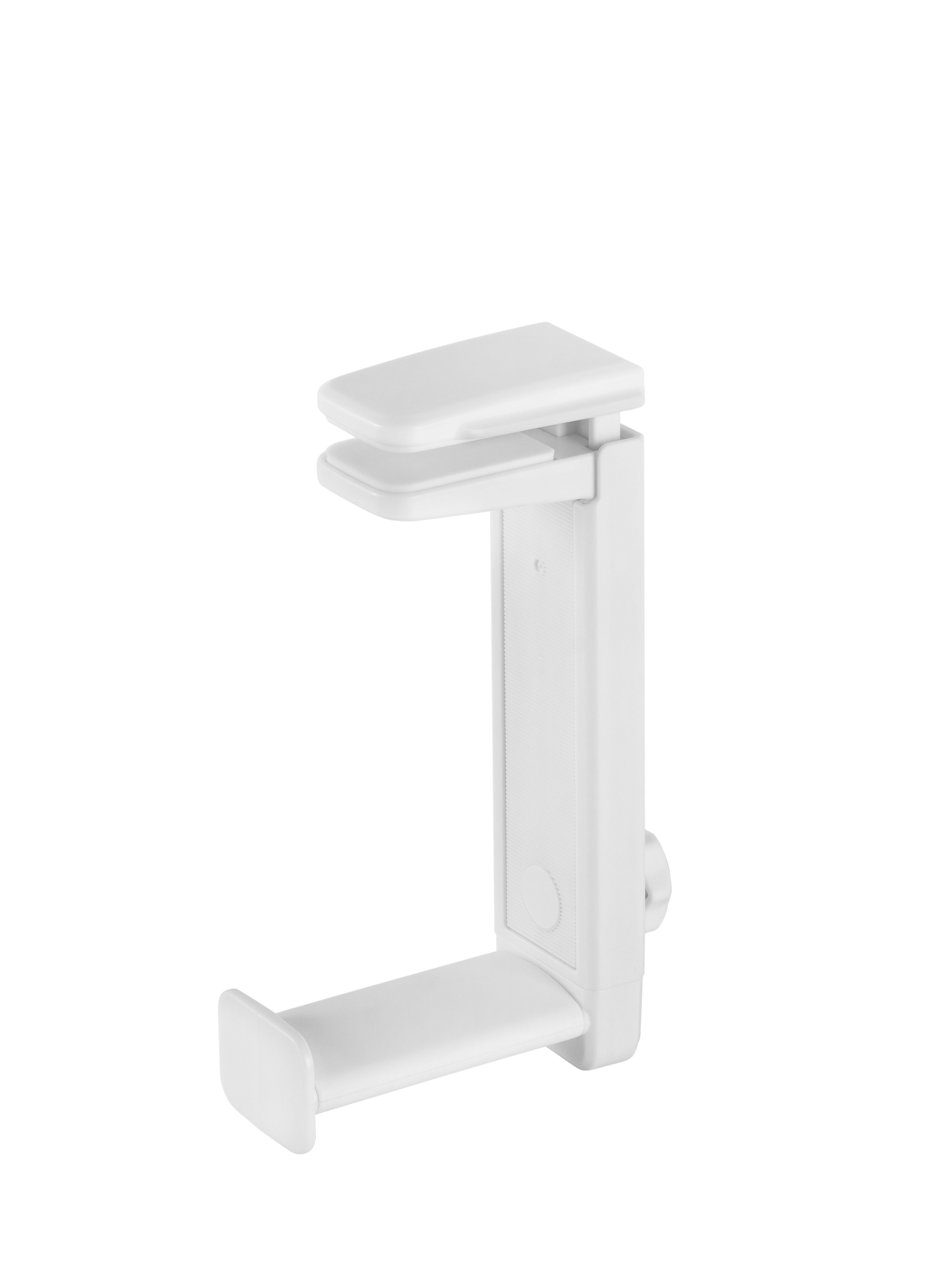 Soporte blanco para auriculares, diseñado para colgar auriculares en una superficie vertical.