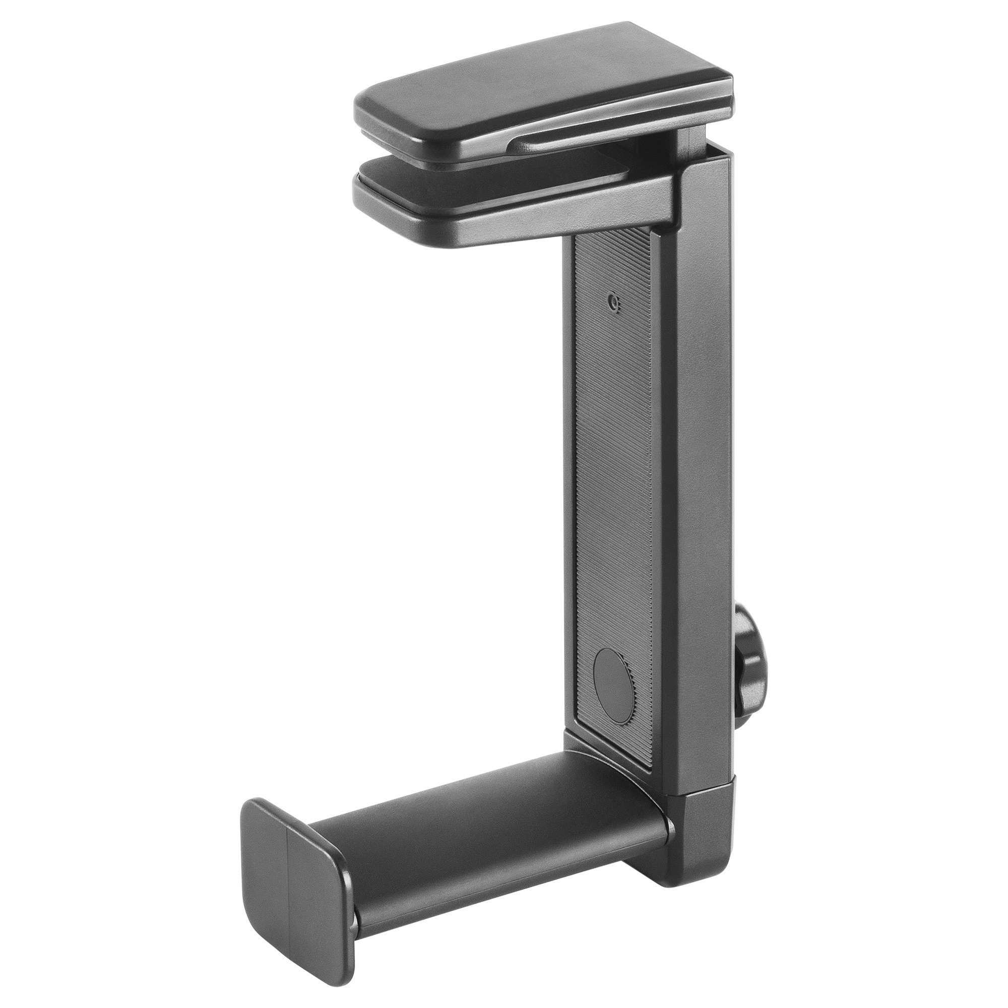 Un soporte para auriculares negro para un escritorio, diseñado para sujetarse al escritorio.