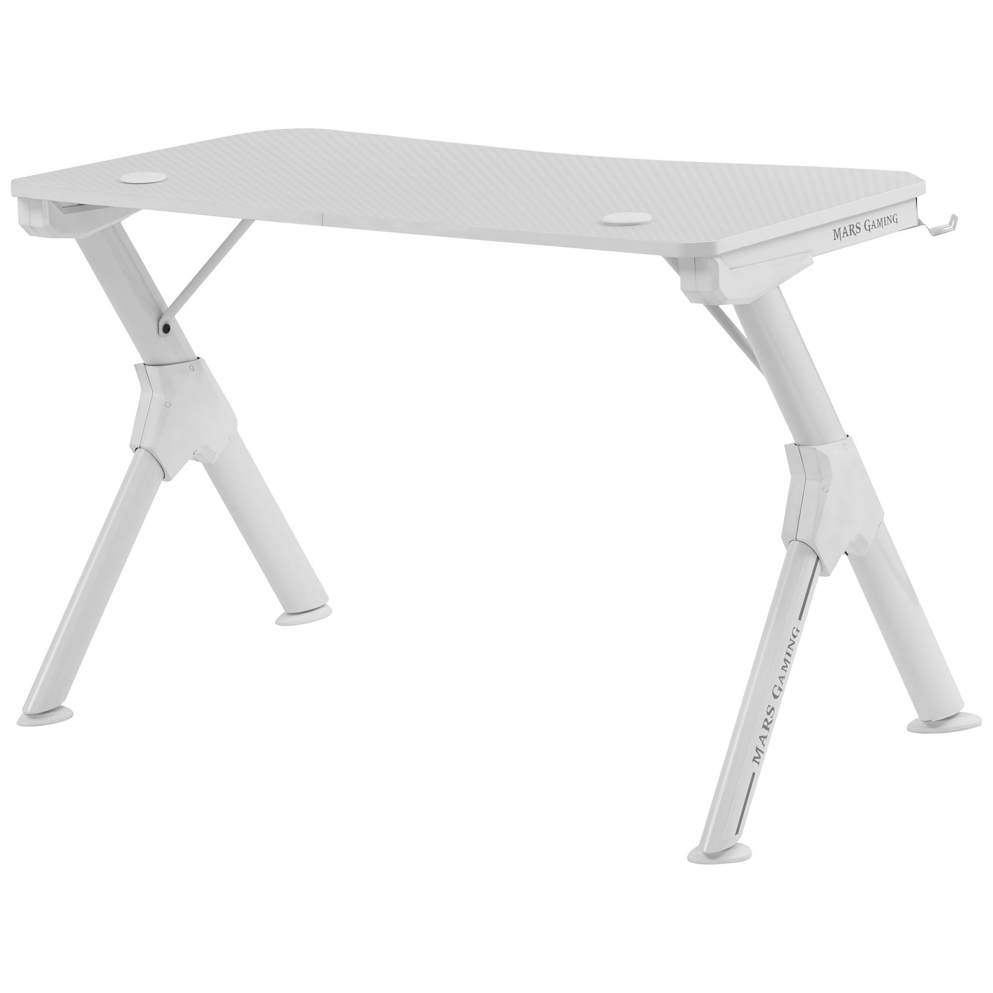 Un escritorio de juegos blanco con un diseño de patas curvadas. Las patas tienen las palabras MARS GAMING.