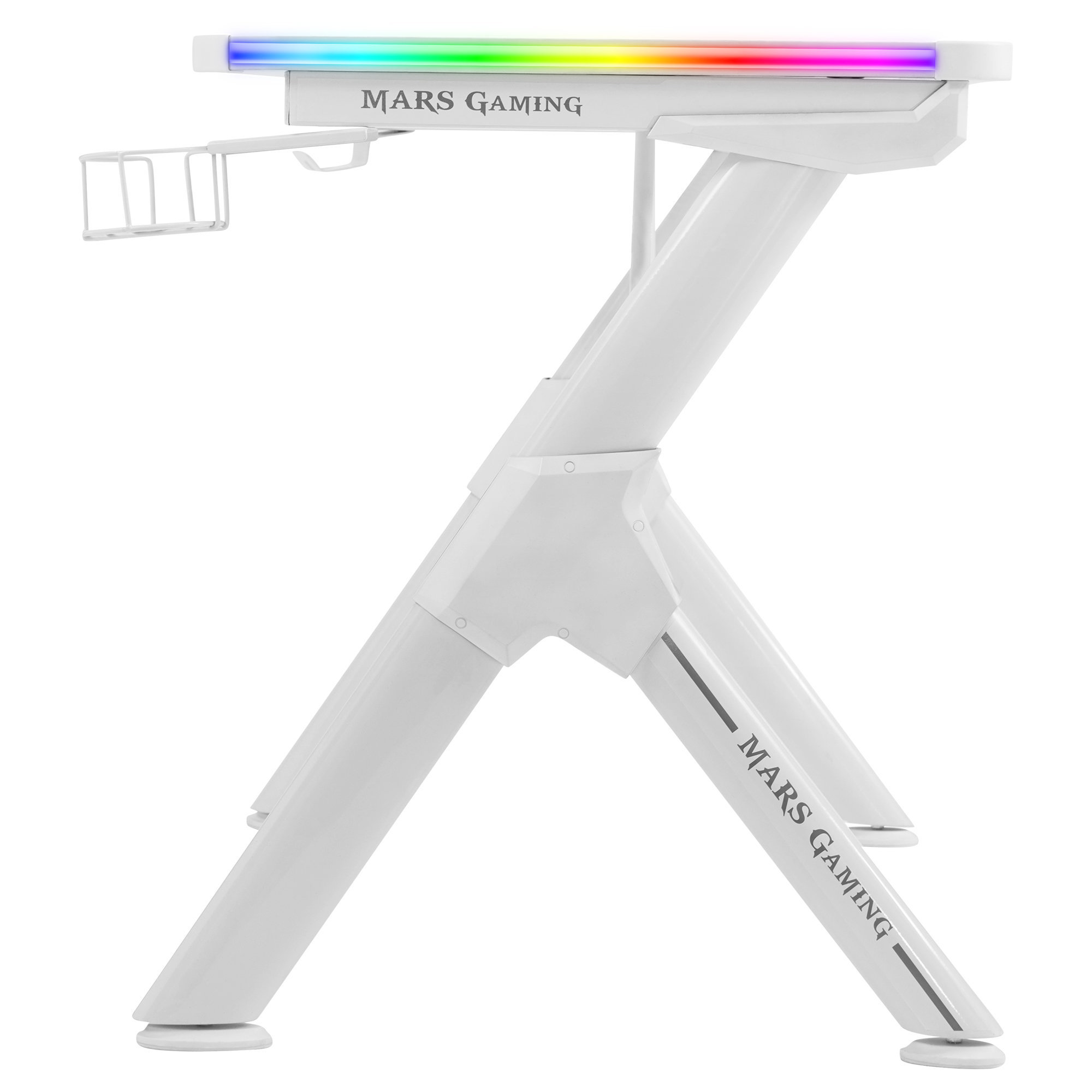 Escritorio de juego blanco con luces RGB. El escritorio tiene un soporte para monitor. El fondo es blanco.