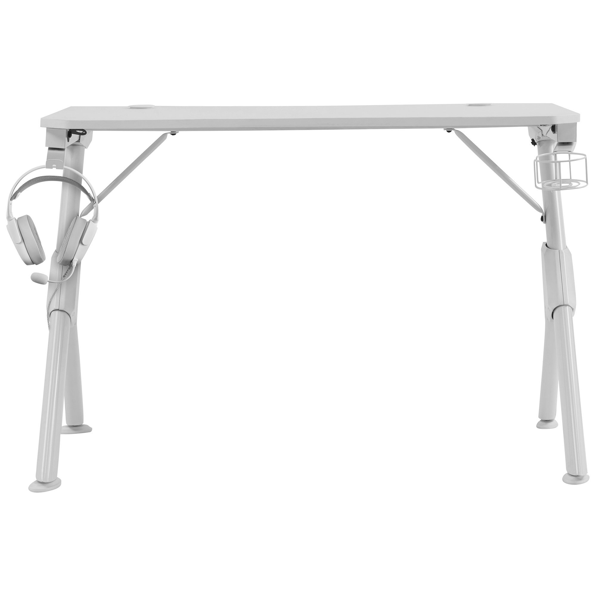 Escritorio de juego blanco con soporte para auriculares y portavasos. El escritorio tiene patas en ángulo.