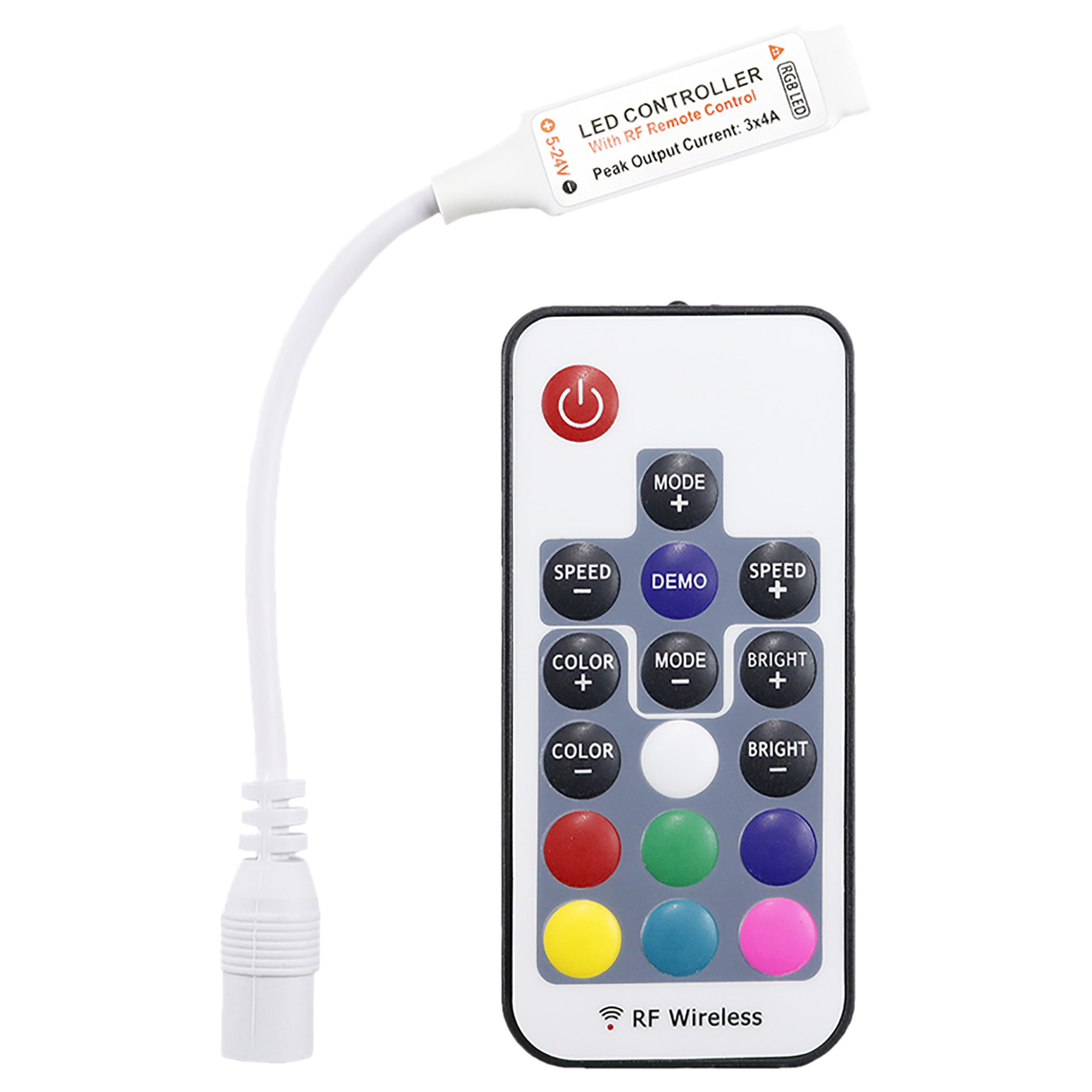 Controlador LED y mando a distancia. El controlador tiene cable blanco y mando con botones de color.
