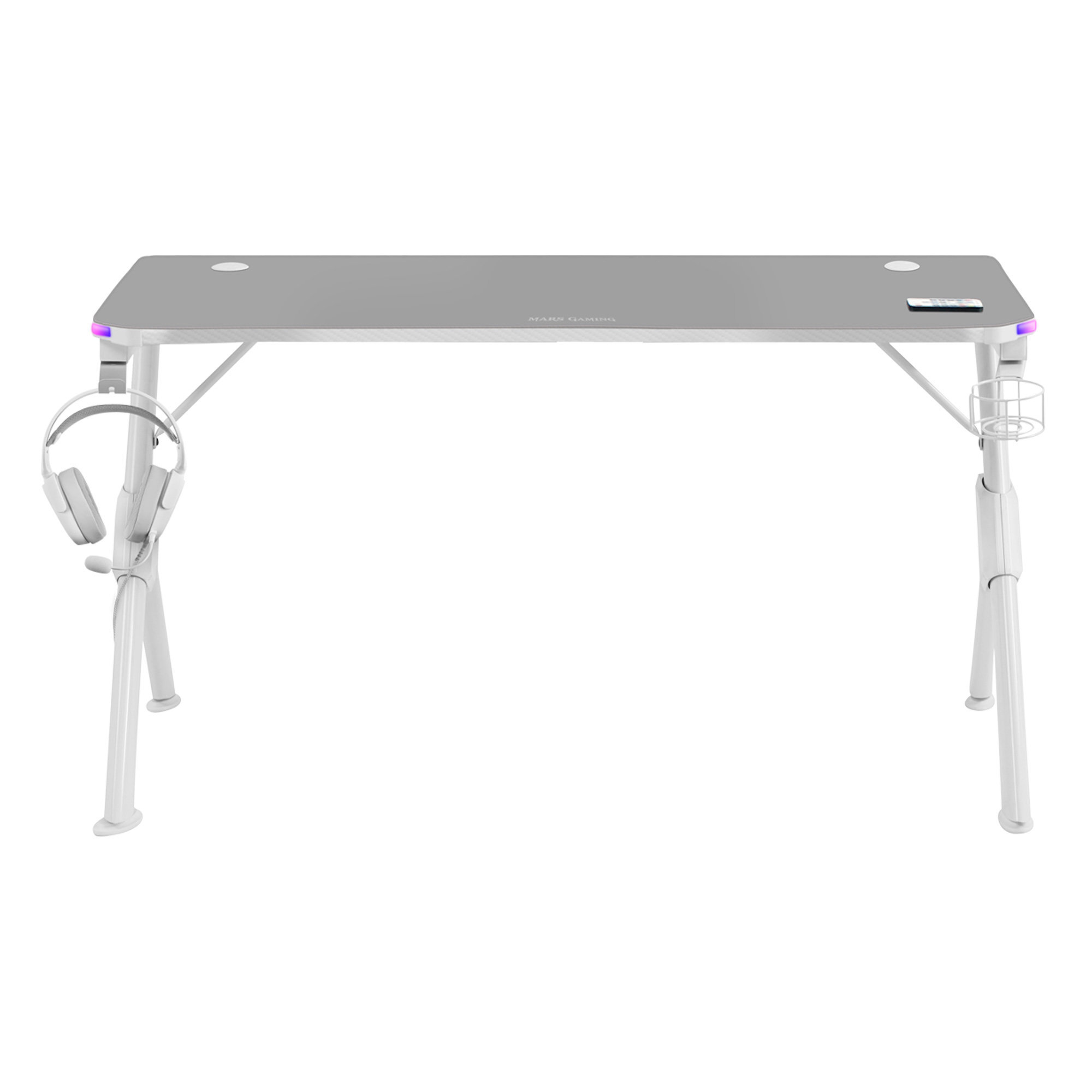Escritorio gaming con superficie gris claro, patas blancas y soporte para auriculares.
