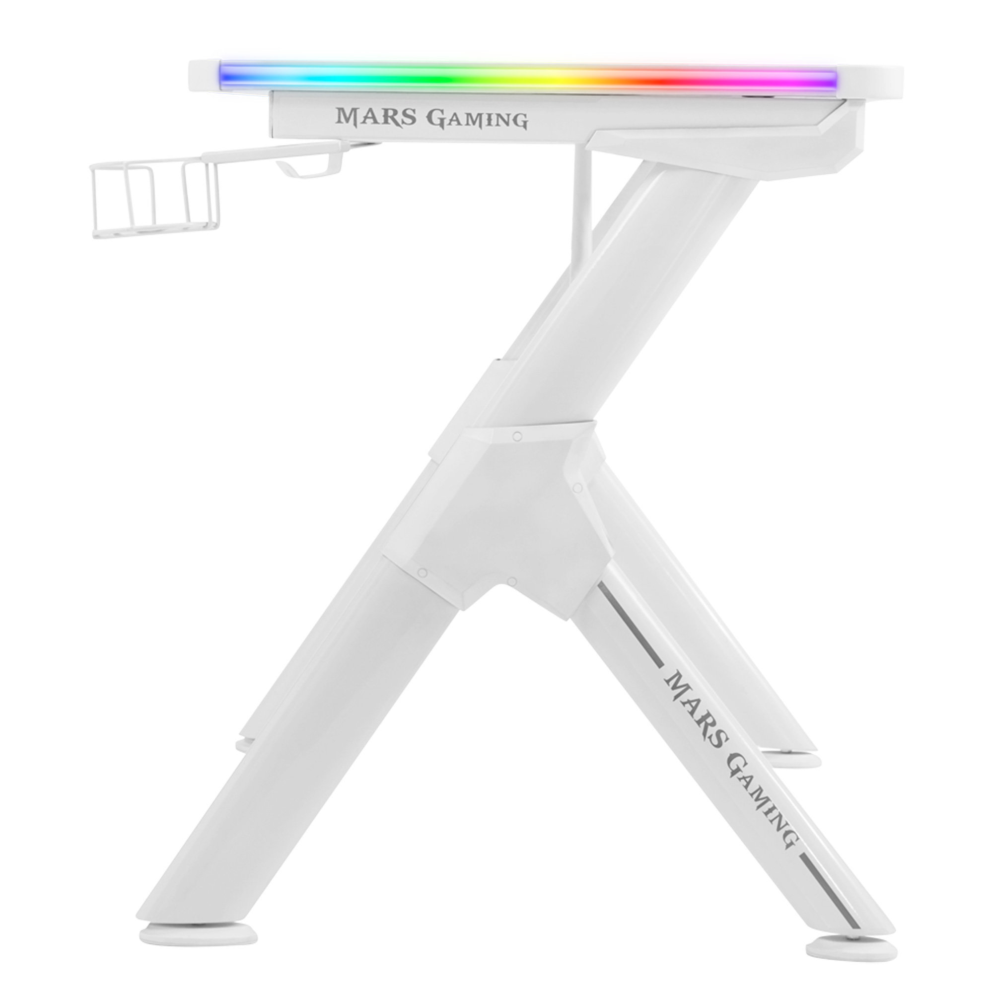 Escritorio de juego blanco con luces RGB. Tiene una cesta para objetos. Fondo blanco.
