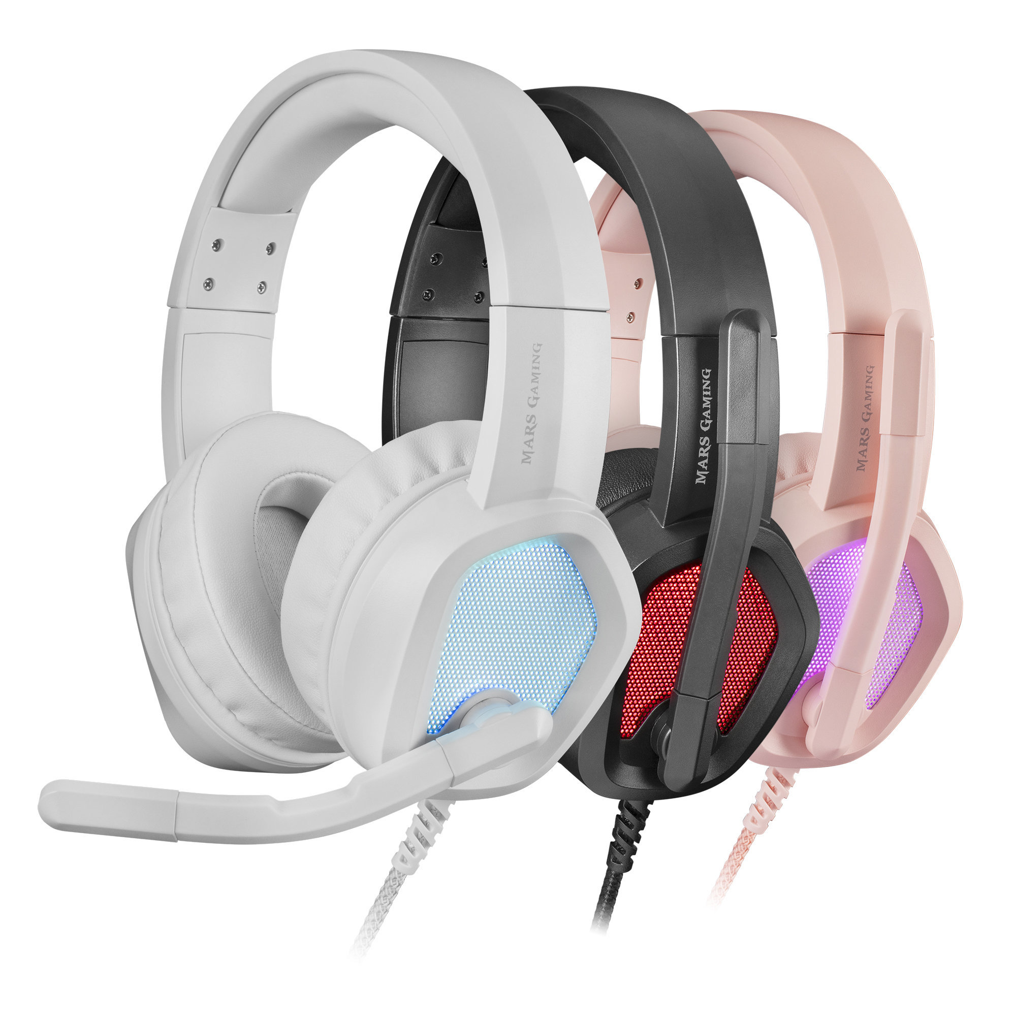 Trzy zestawy słuchawkowe dla graczy w kolorze białym, czarnym i różowym. Każdy ma mikrofon i niebieskie, czerwone lub fioletowe podświetlenie.