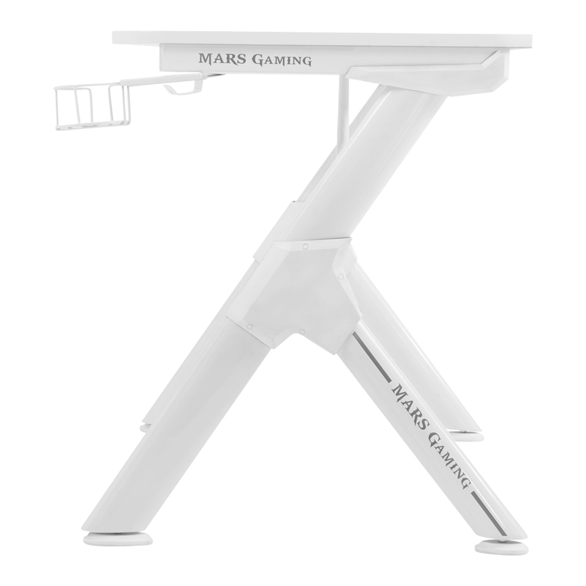 Escritorio gaming blanco con soporte para auriculares. El escritorio tiene patas y superficie, con 'MARS GAMING'.
