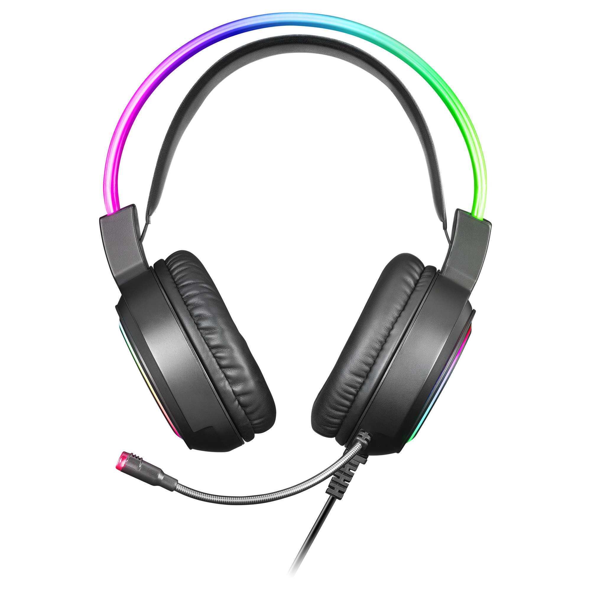 Cuffie da gioco nere con luci RGB sui padiglioni e microfono.