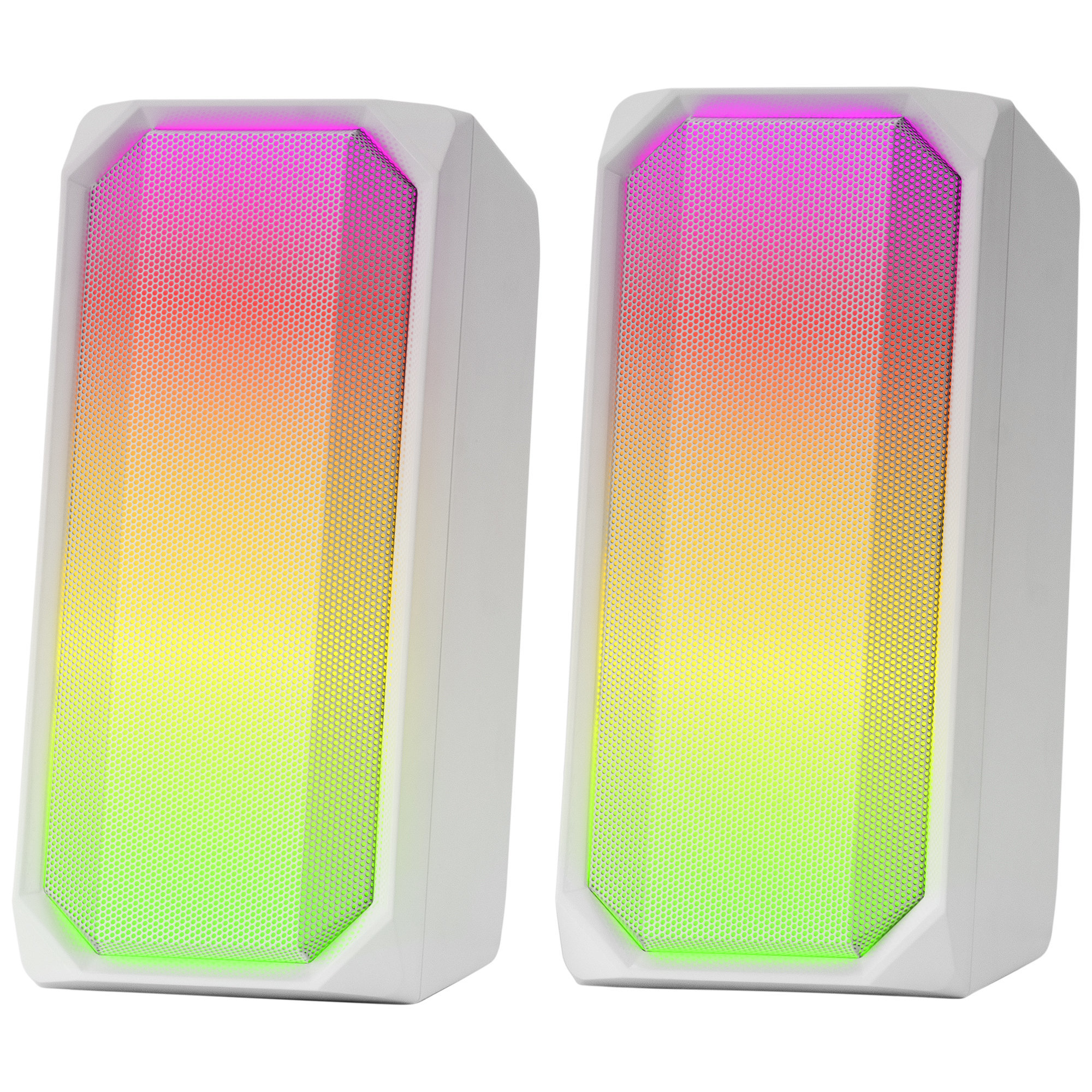 Dos altavoces blancos con vibrantes colores degradados. La malla frontal muestra rojo, amarillo y verde.