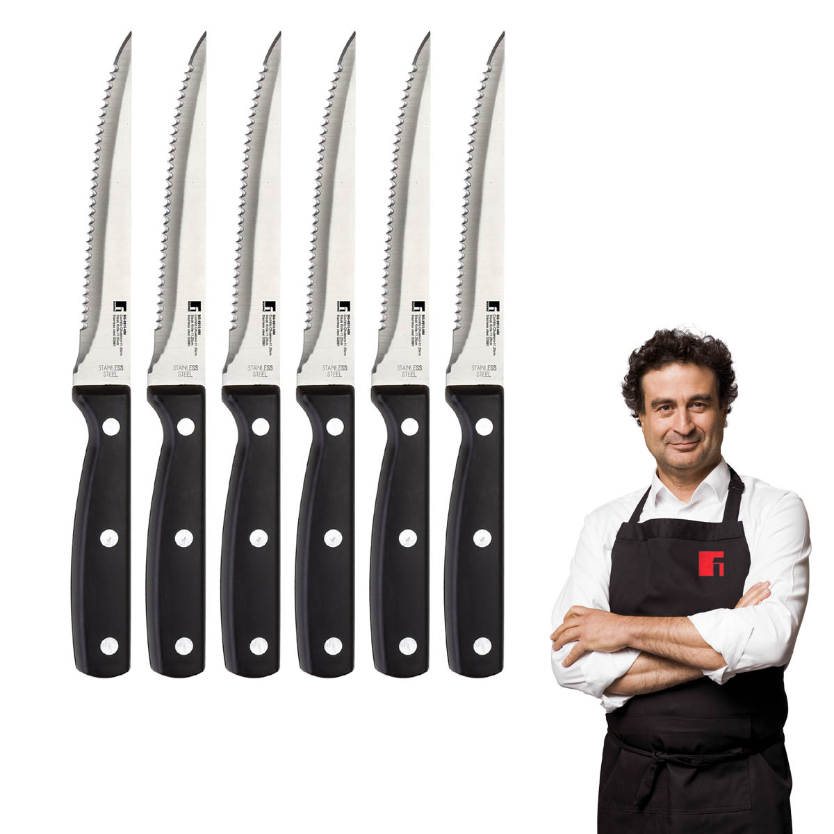 Zestaw noży do steków, czarne uchwyty, srebrne ostrza, z szefem kuchni w fartuchu.