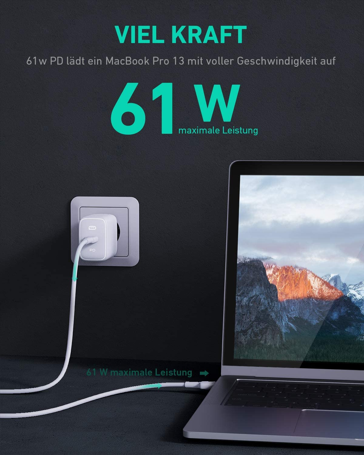 Ein Laptop wird geladen. Das Ladegerät ist eingesteckt. Der Text sagt 61W maximale Leistung.