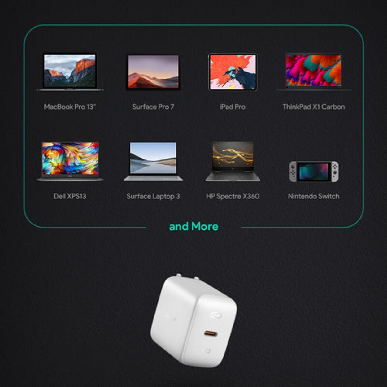 Ein weißes Ladegerät mit mehreren Laptops und einem Nintendo Switch auf dunklem Hintergrund.