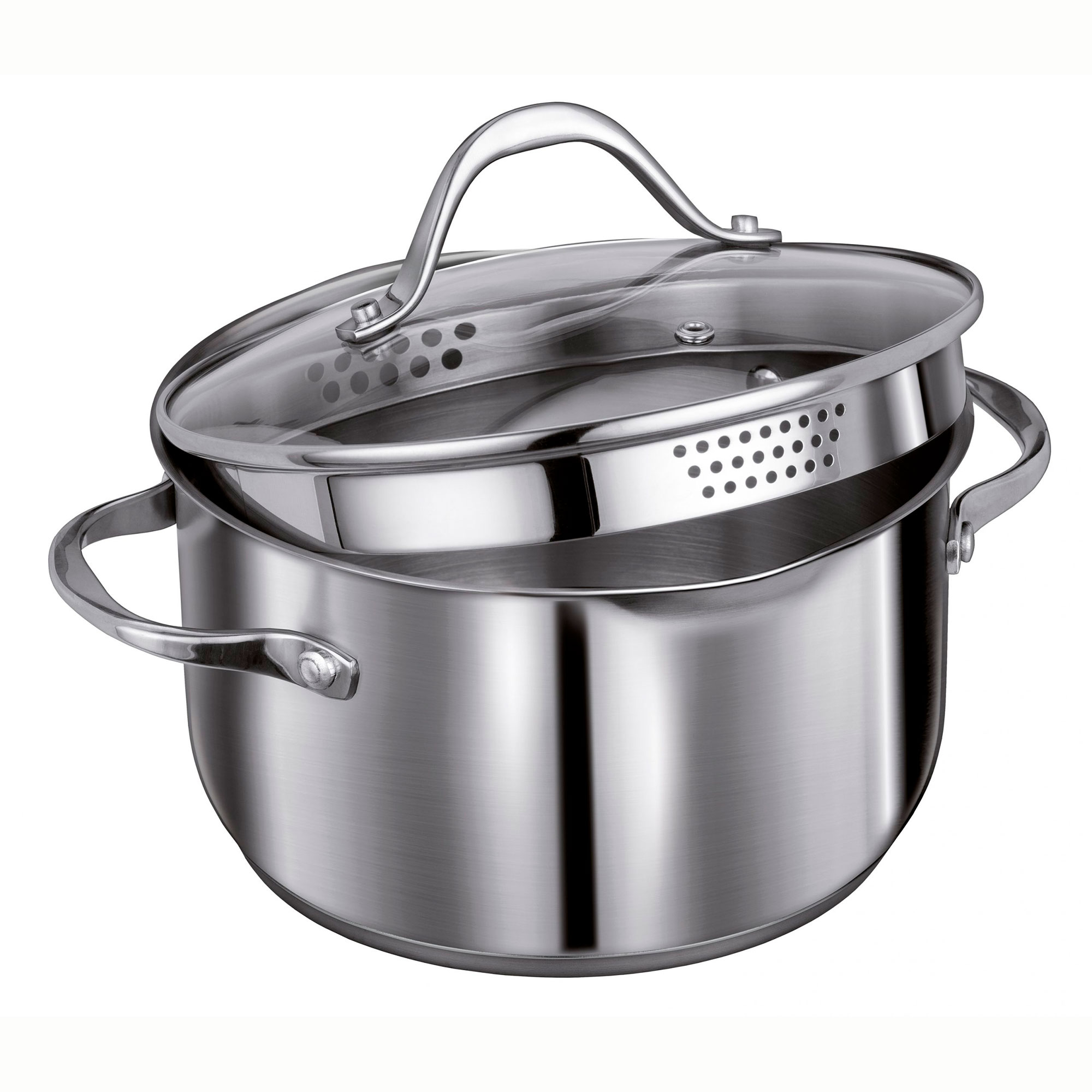Olla de acero inoxidable con tapa de vidrio, colador y dos asas laterales.