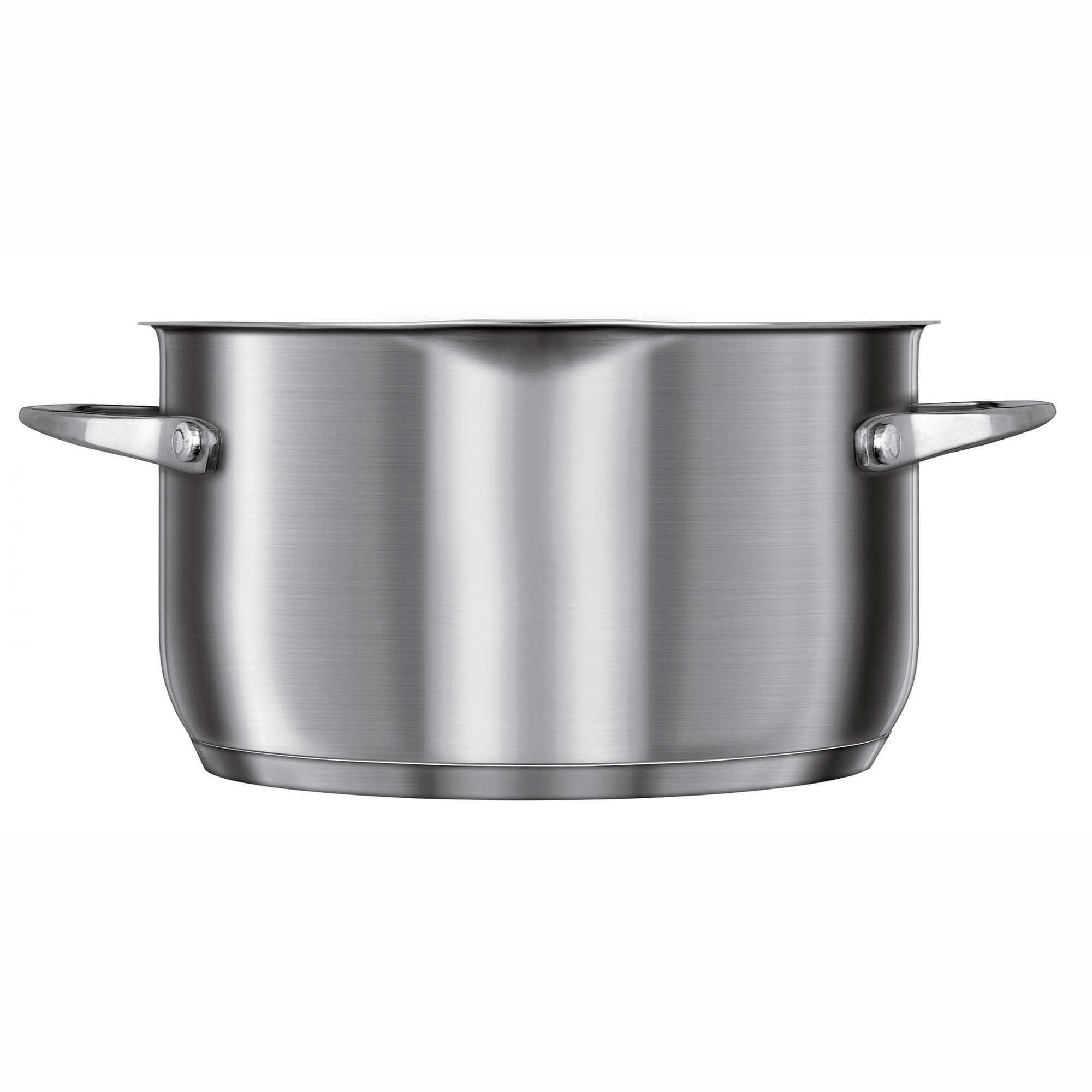 Una olla de acero inoxidable con dos asas. Las asas son de metal.