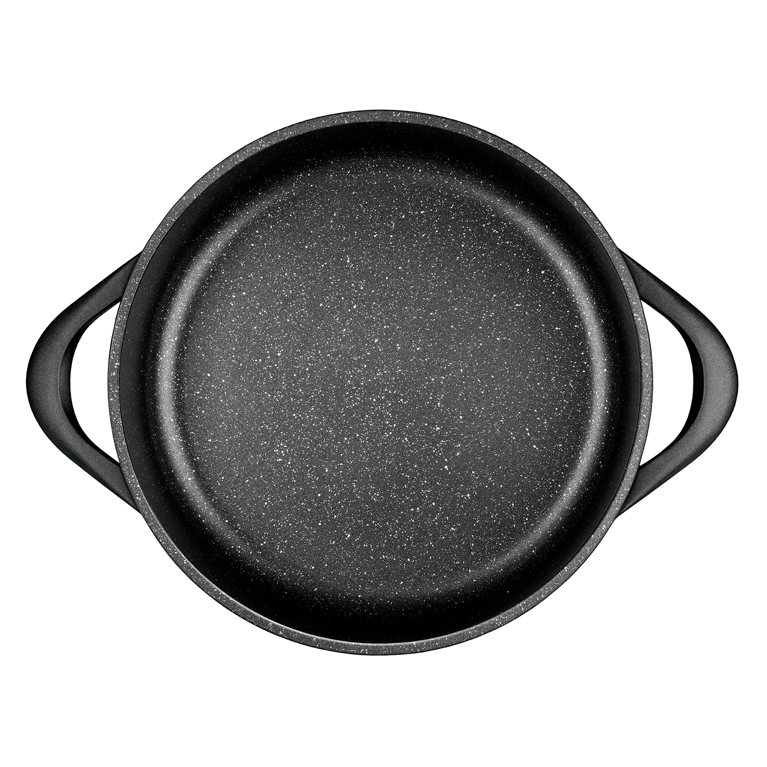 Una sartén negra, vista superior. Tiene un interior moteado y dos asas a cada lado.