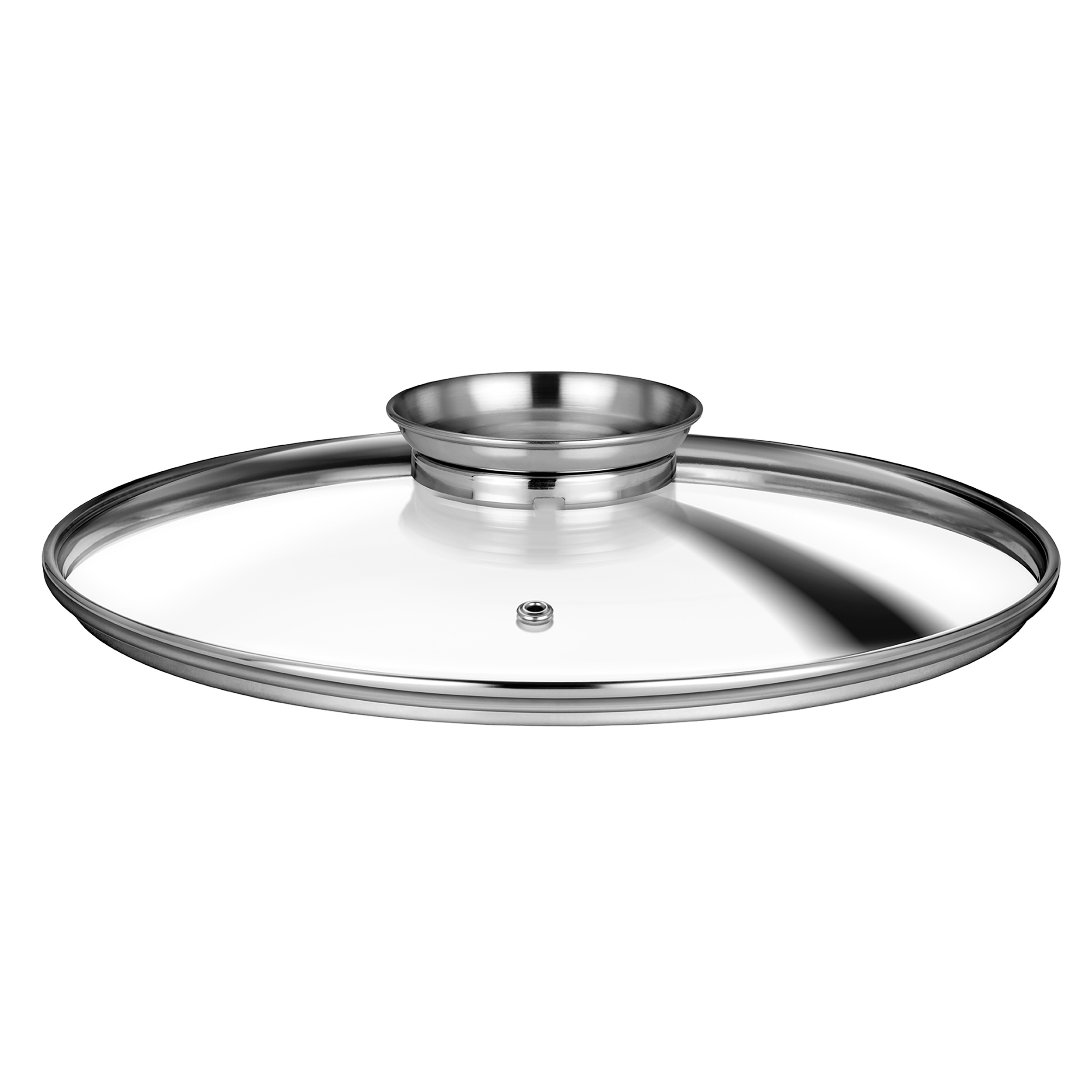 Una tapa de vidrio transparente con borde de acero inoxidable. Es reflectante y tiene un pequeño asa.