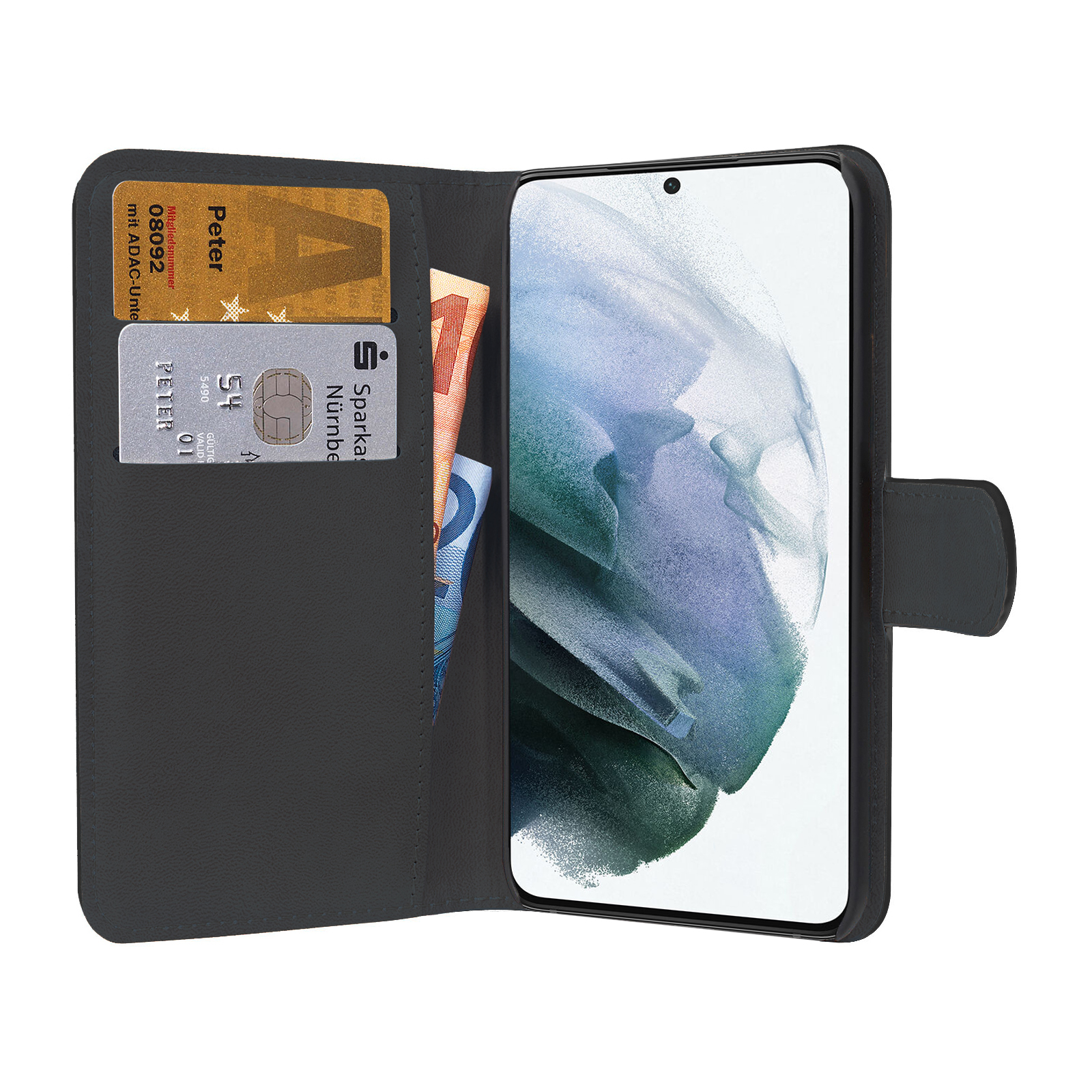 Schwarze Telefonhülle offen, zeigt Karten und Geld. Ein Telefon ist in der Hülle.