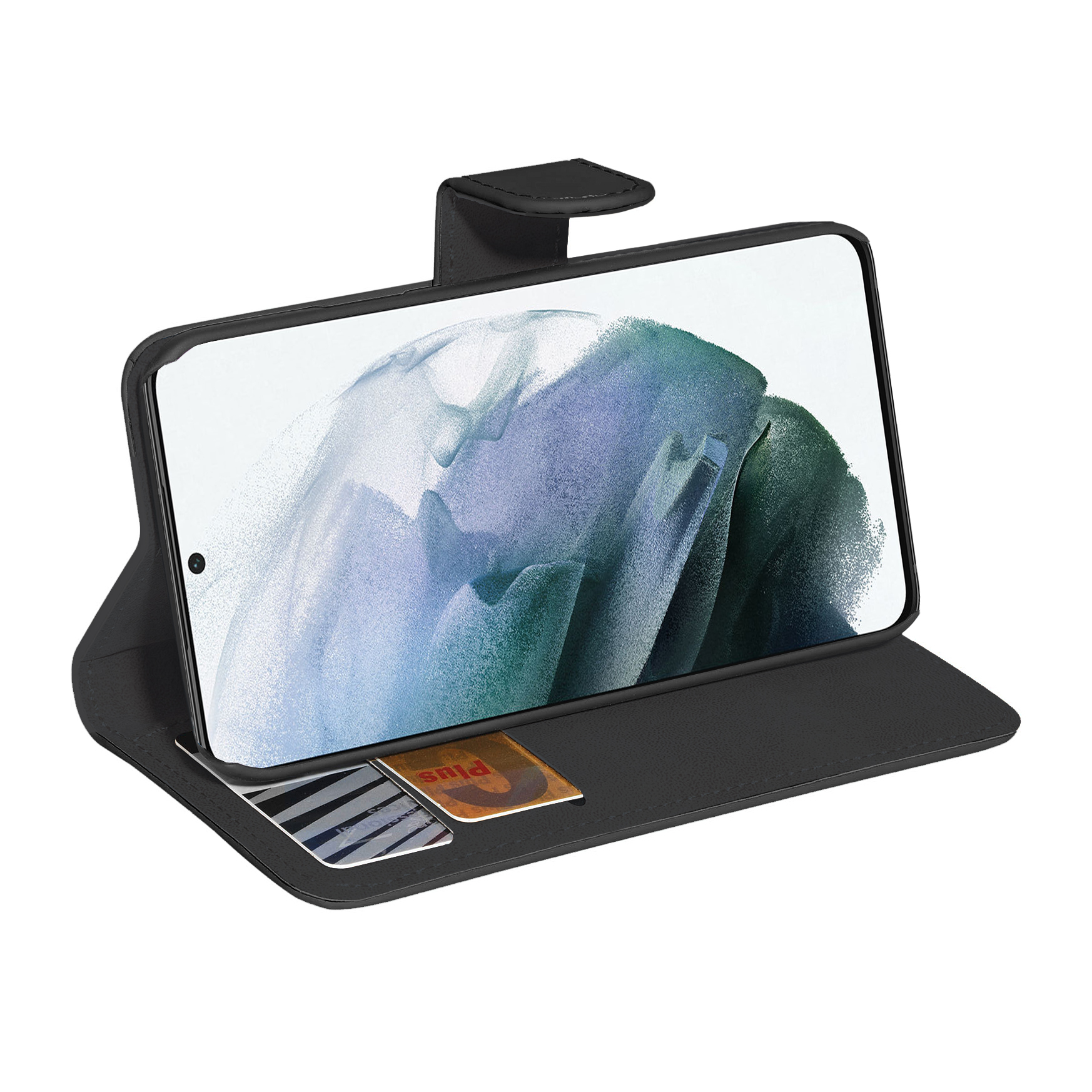 Schwarze Handyhülle mit Handy, Karten sichtbar. Das Handy ist geöffnet.