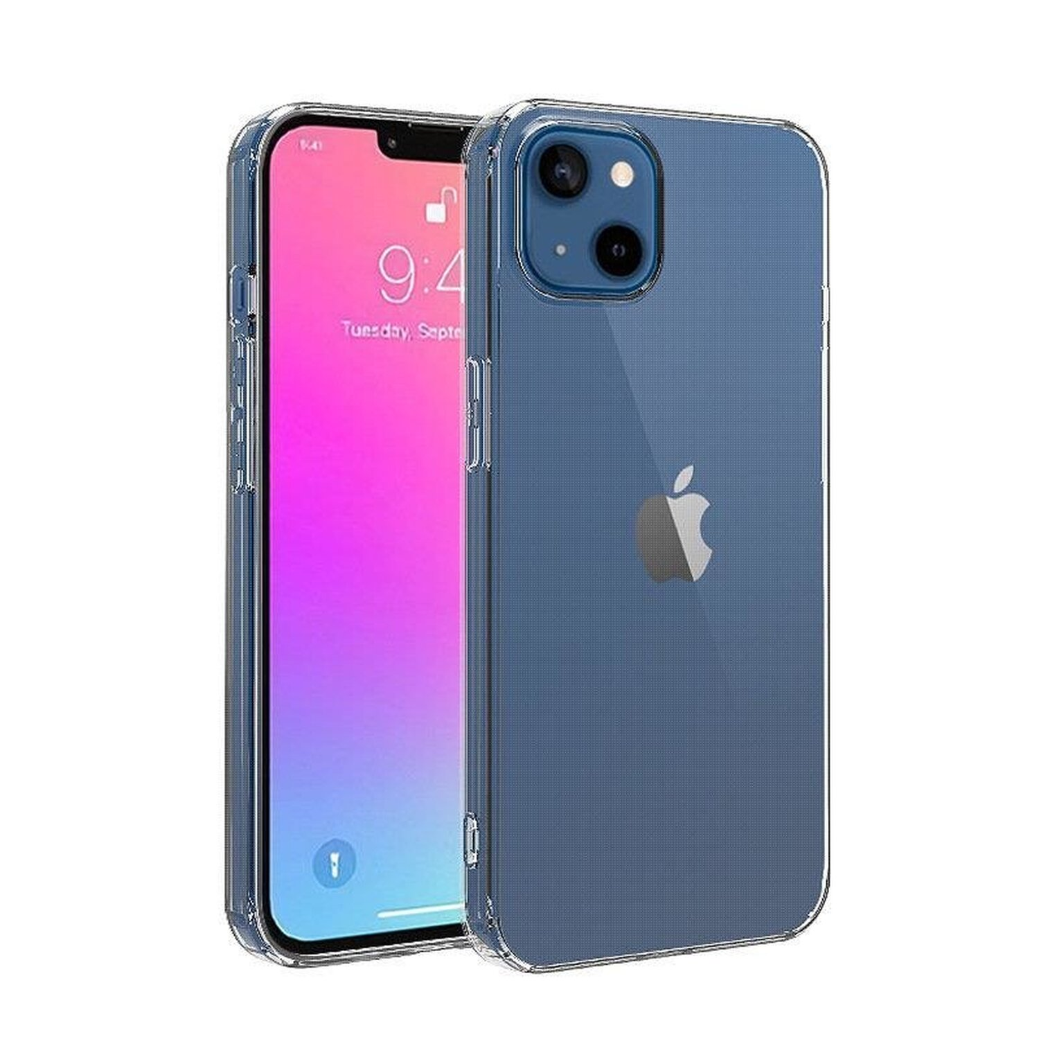 Ein Smartphone mit klarer Hülle, das seinen Bildschirm zeigt. Die Hülle ist blau. Der Bildschirm zeigt das Datum.