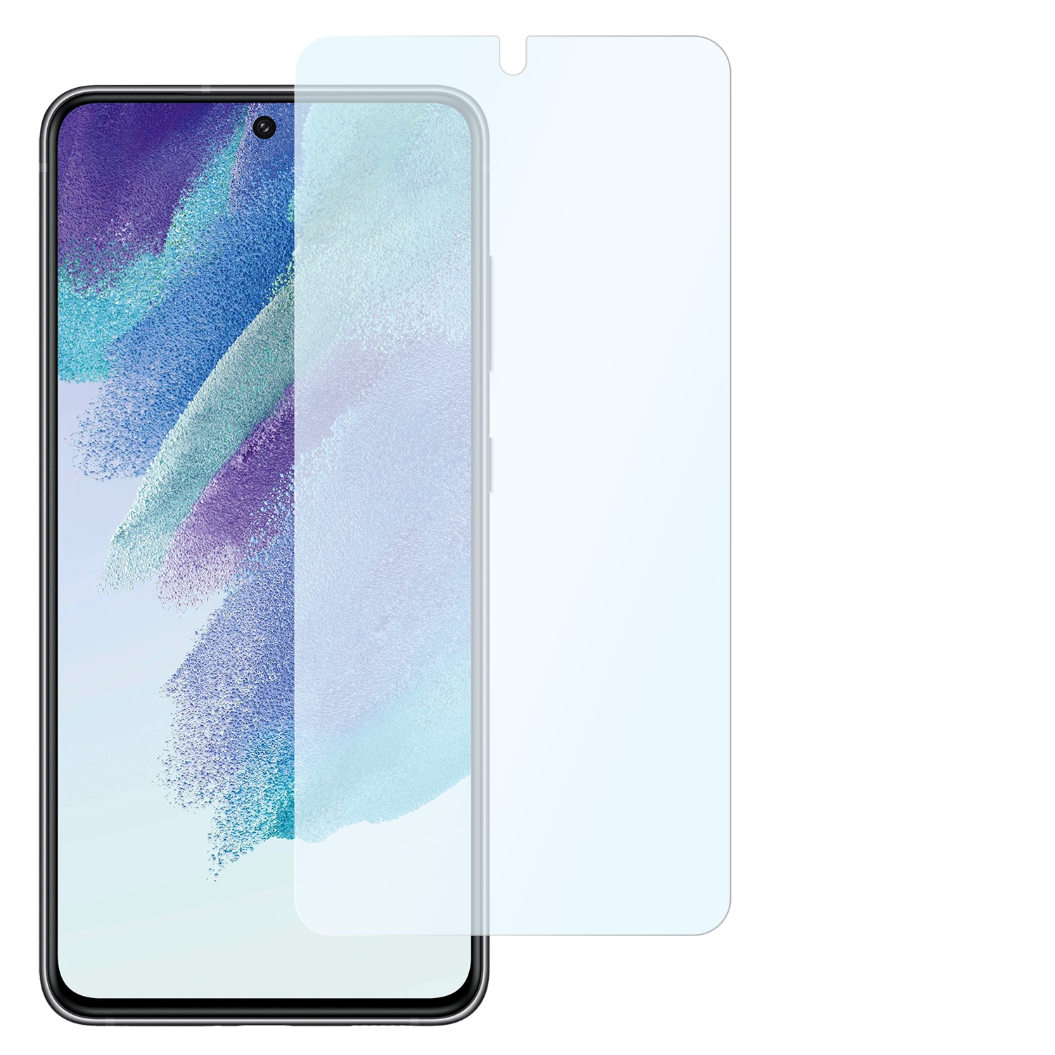 Ein Smartphone und ein Displayschutz sind abgebildet. Das Telefon ist schwarz, der Schutz ist transparent.