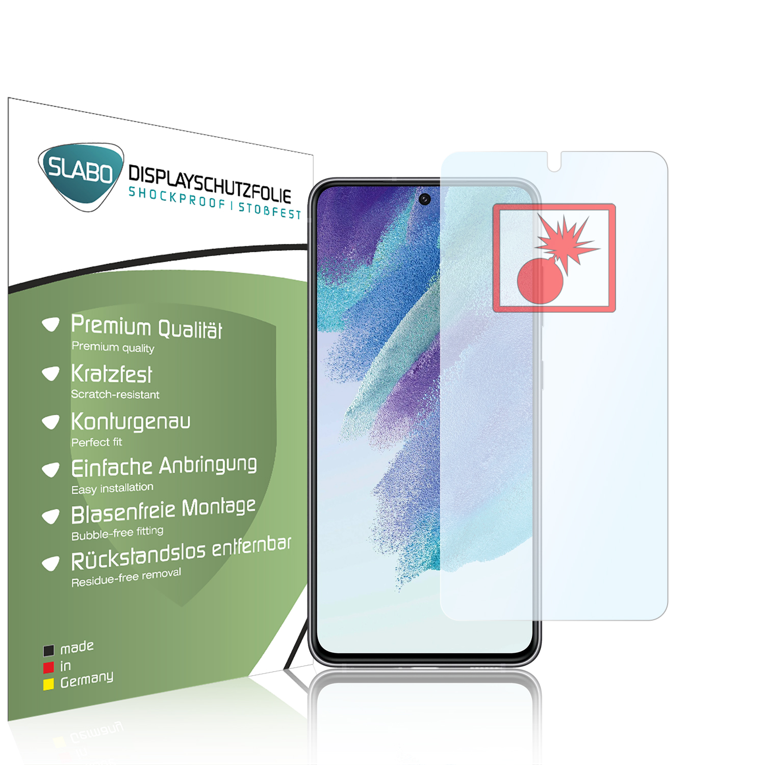 Telefon mit Displayschutz und Box, mit Text.