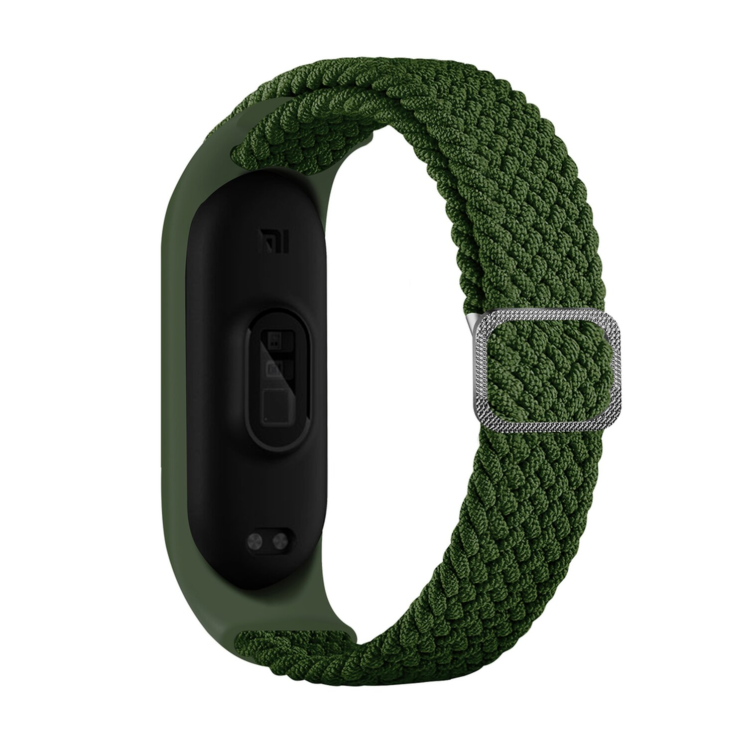 Ein grünes, geflochtenes Armband mit einem schwarzen Fitnesstracker. Eine silberne Schnalle ist am Band.