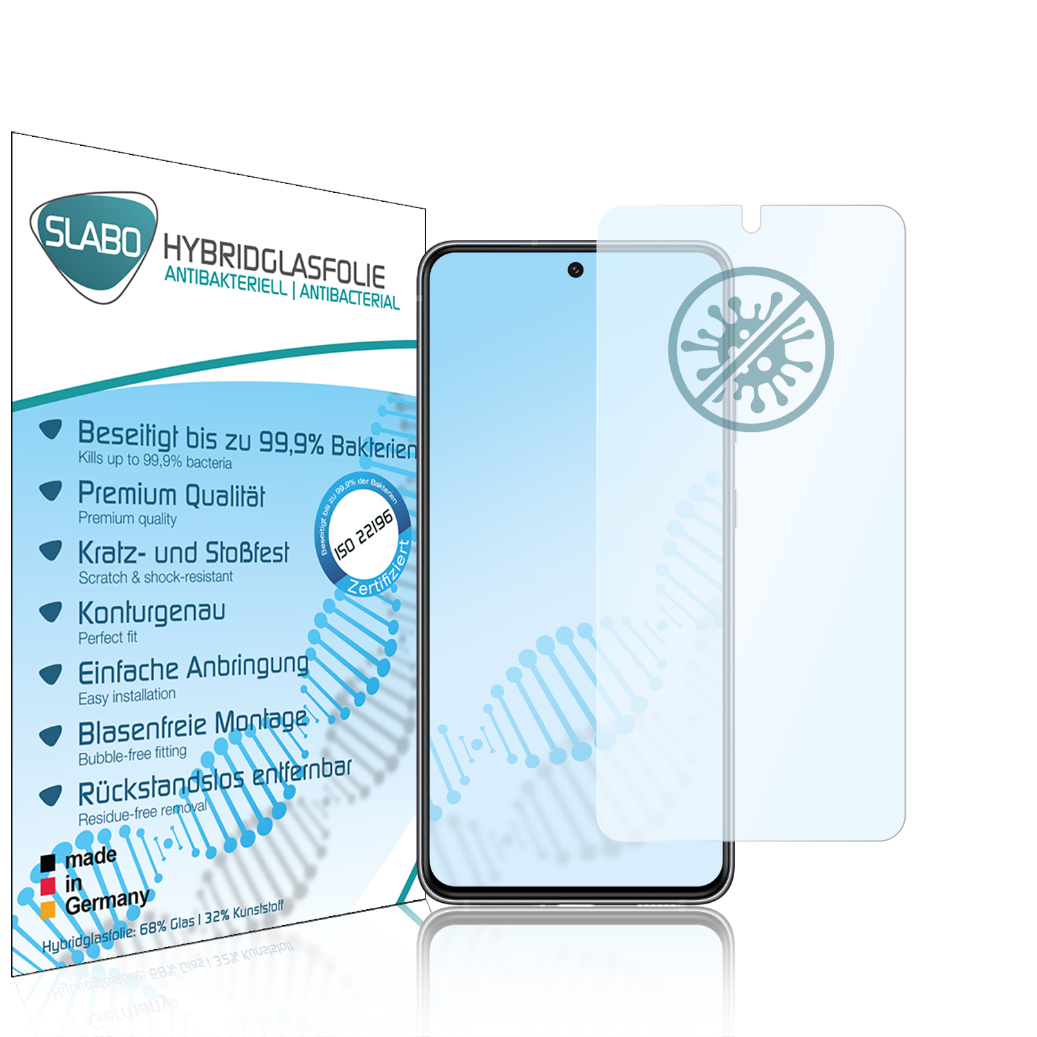 Telefon mit installiertem Displayschutz, mit Text und einer Bakteriendiagramm.