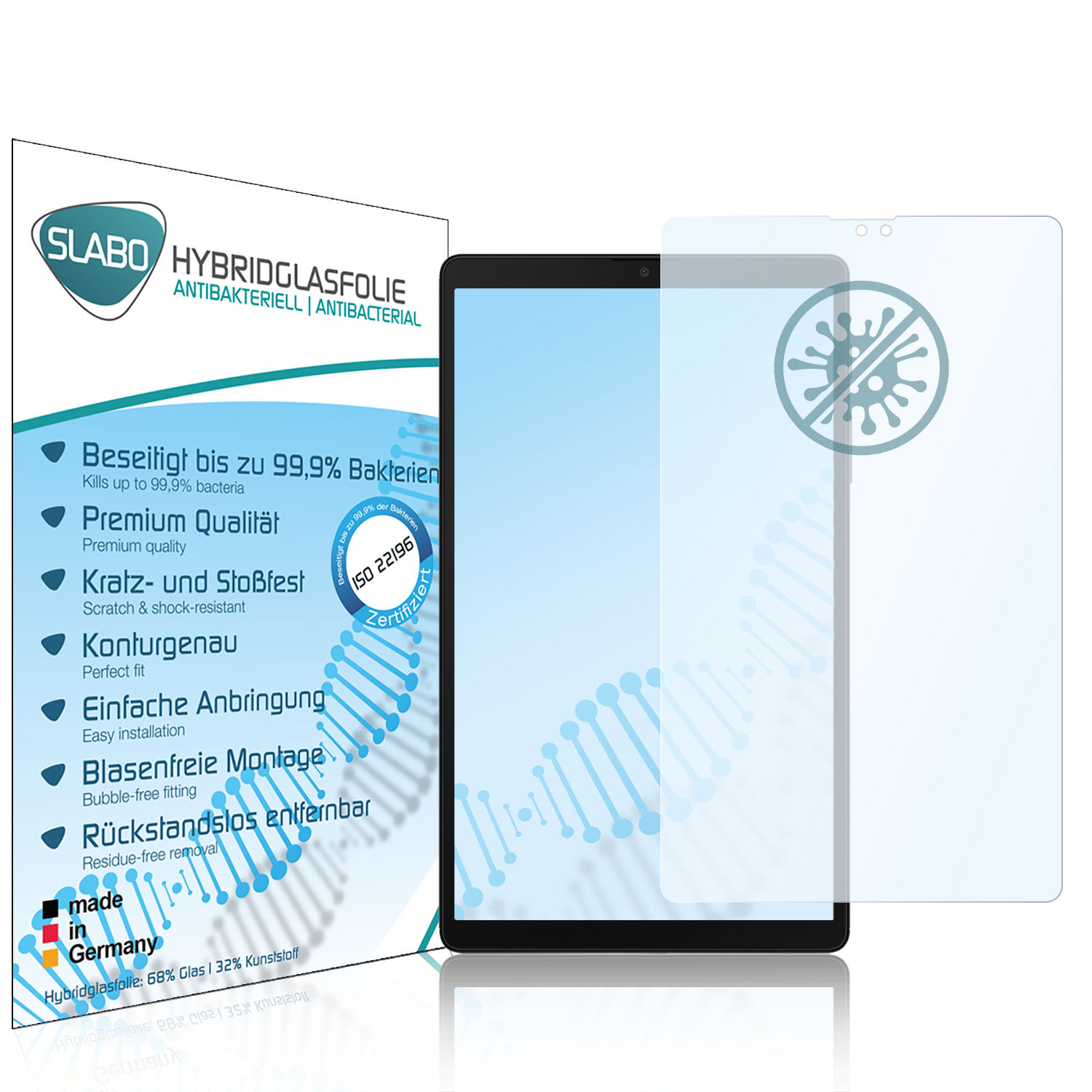 Tablet mit Displayschutz, einer Box mit Informationen und blauem Hintergrund.