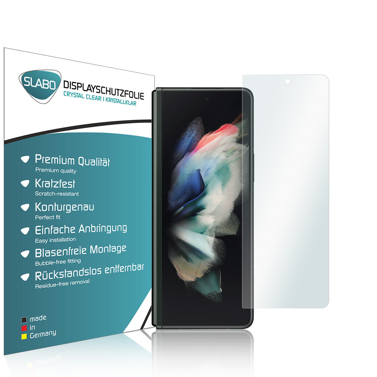 Ein Telefon mit Displayschutzfolie auf weißem Hintergrund, mit Produktinformationen.