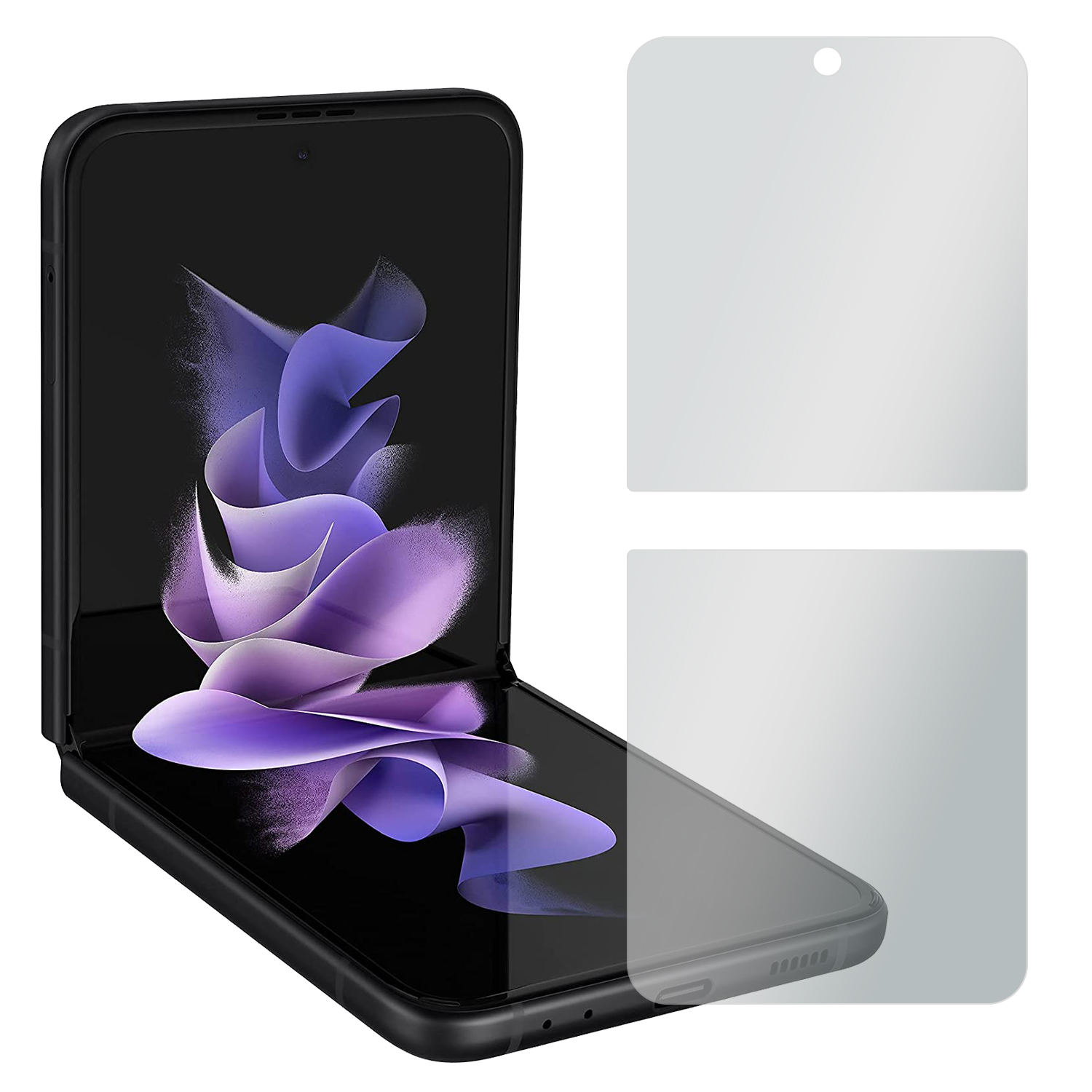 Faltbares schwarzes Telefon mit Displayschutzfolien. Das Telefon ist geöffnet und zeigt ein lila Design. Zwei Schutzfolien sind sichtbar.